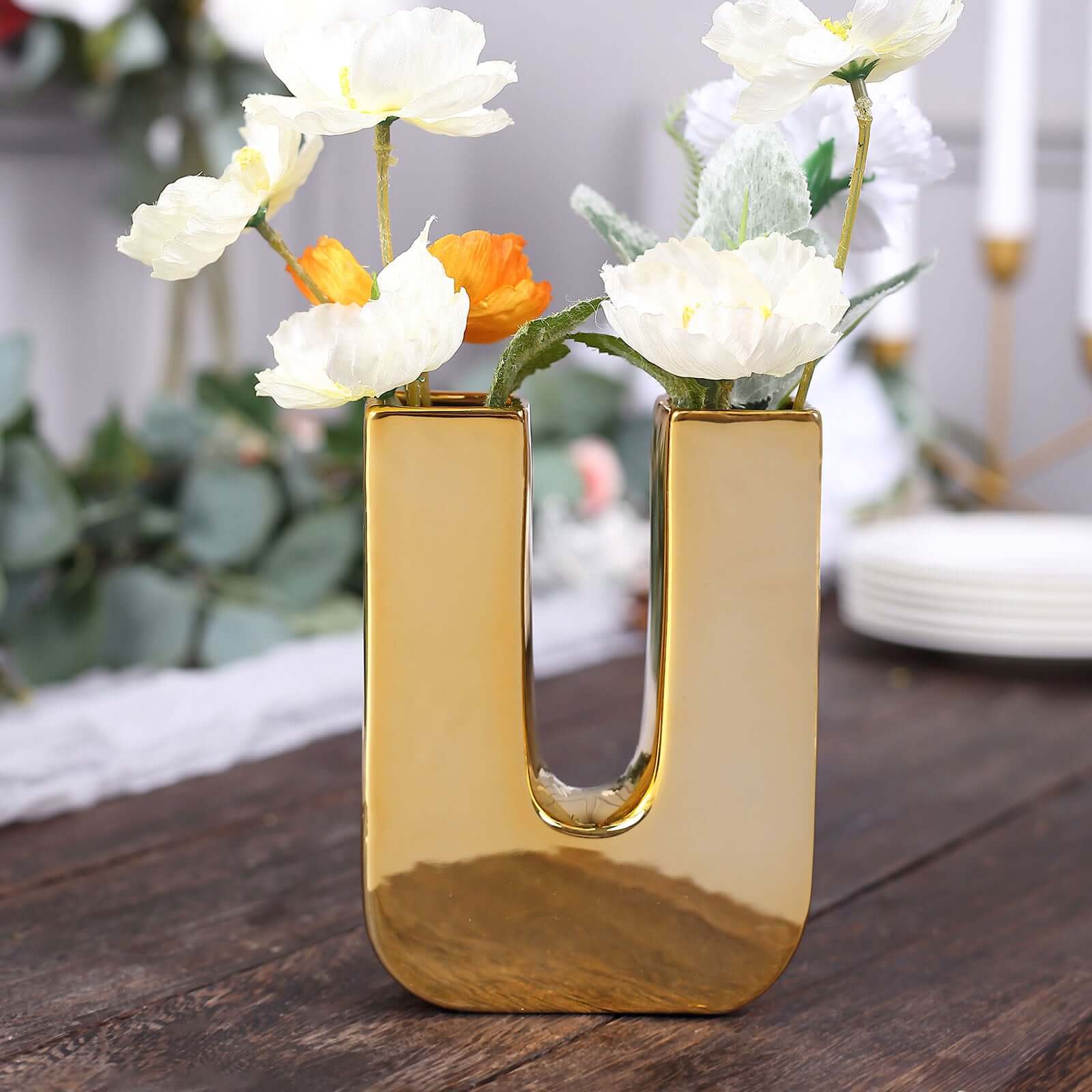 Shiny Ceramic Vase Letter U Gold Plated - Chic Bud Planter Pot for Events & Decor 6