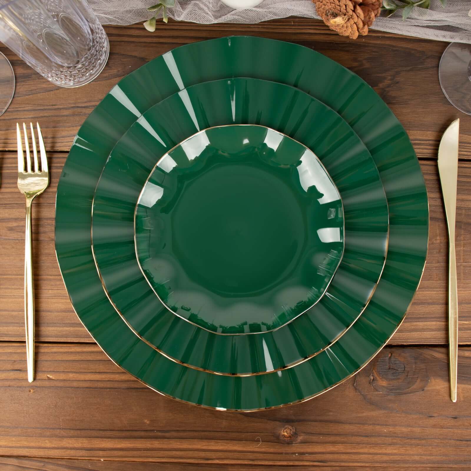 10-Pack Plastic Round 6 Dessert Plates in Hunter Emerald Green Ruffled Rim with Gold Edging - Sturdy Disposable Salad Appetizer Dinnerware