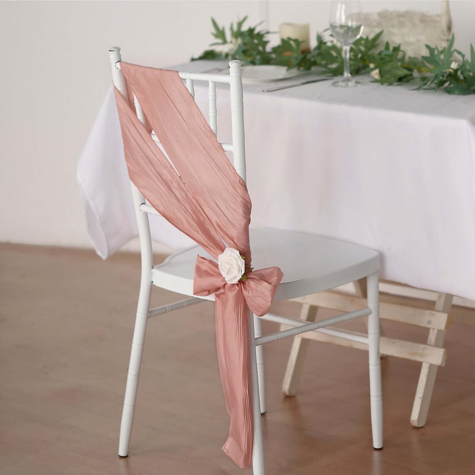 5 Pack Taffeta 6x106 Chair Sashes Dusty Rose Accordion Crinkle Texture - Stylish Decor for Weddings & Gatherings