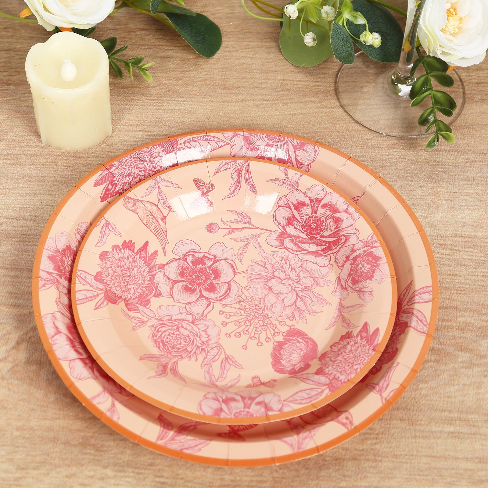 50-Pack Paper Round Dessert and Dinner Plates in Dusty Rose Spring Floral Print with Gold Rim - Heavy Duty Disposable Party Plates Set for Classy Table Decor 7, 9