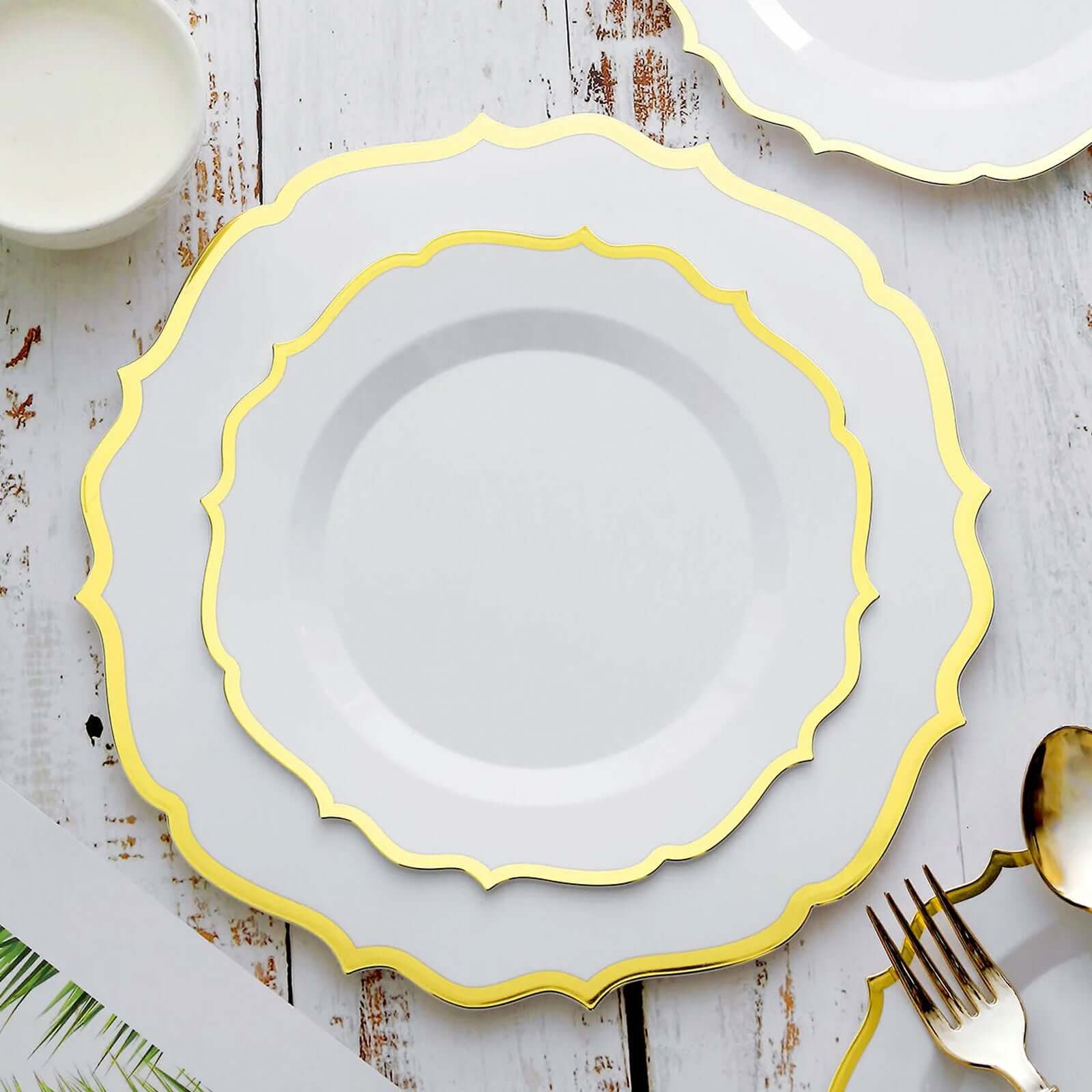 10-Pack Plastic 8 Round Desert Plates in White with Gold Scalloped Rim - Disposable Appetizer/Salad Plates for Chic Banquets & Special Occasions