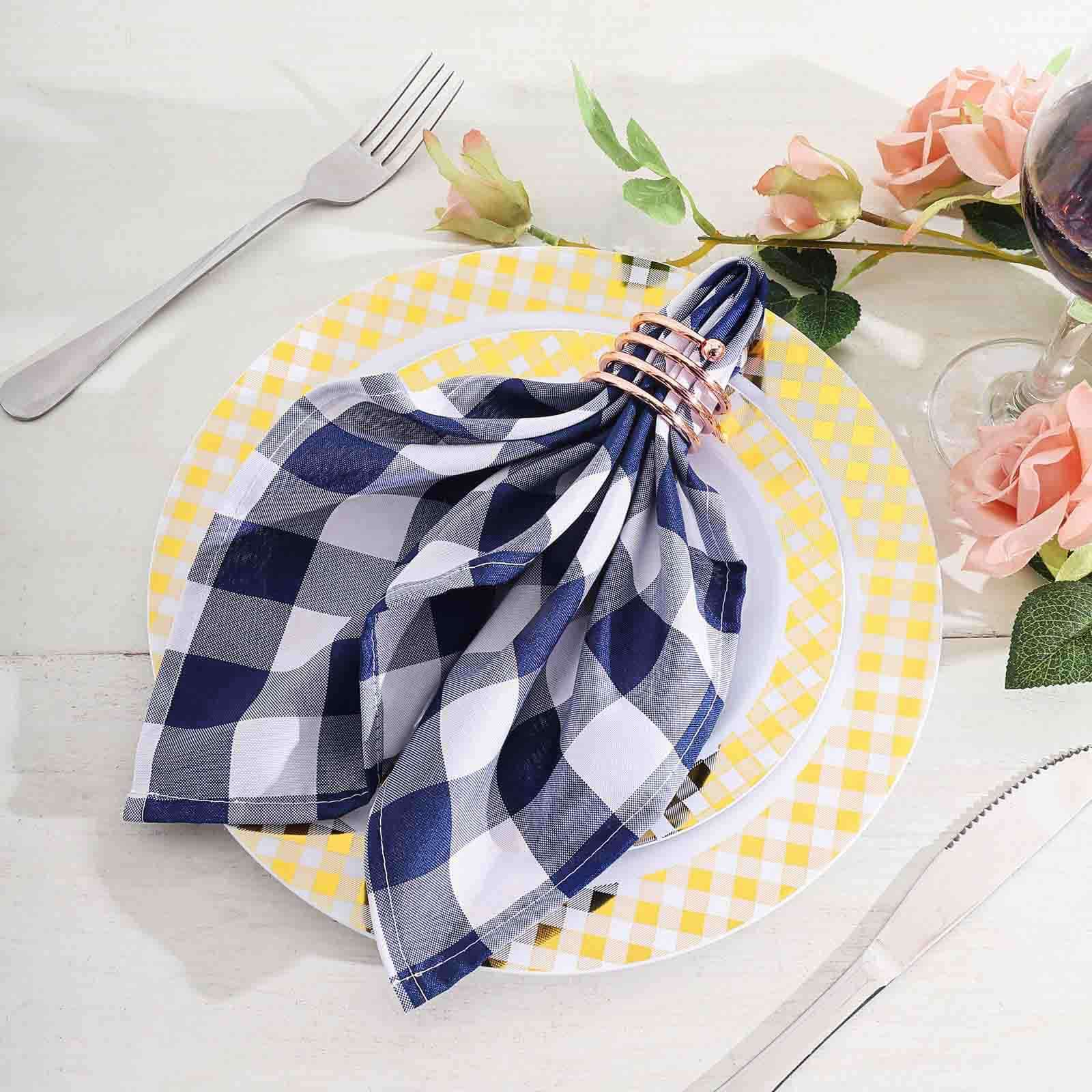 5 Pack Polyester 15x15 Napkins Navy Blue/White Buffalo Plaid Gingham Style Cloth Napkins