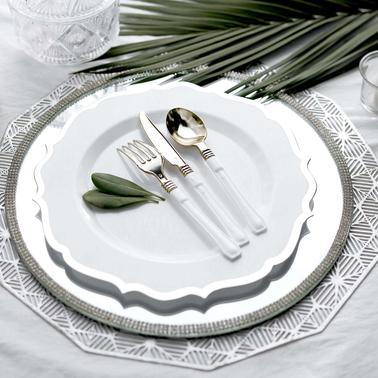 10-Pack Plastic 10 Round Dinner Plates in White with Silver Scalloped Rim - Disposable Party Plates