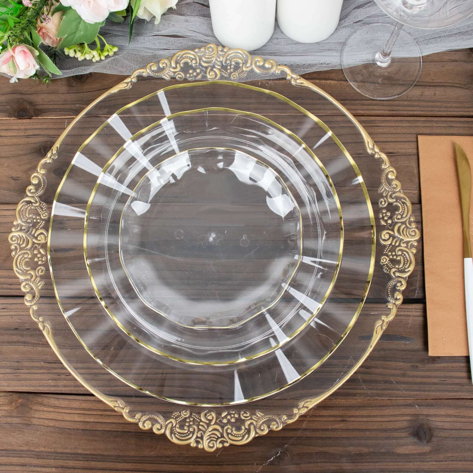 10-Pack Plastic 9 Round Dinner Plates in Clear Ruffled Rim with Gold Edging - Sturdy Disposable Dinnerware