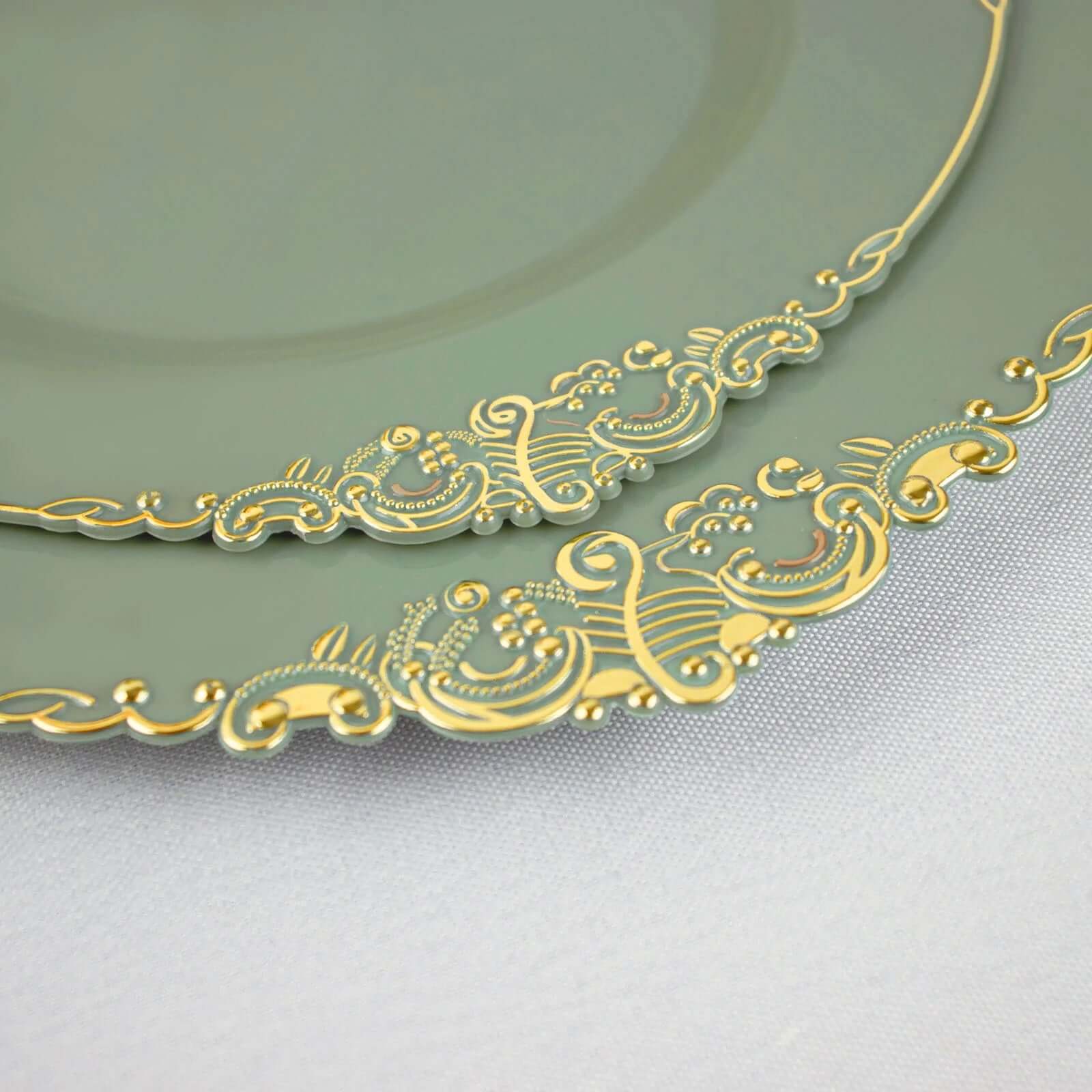 10-Pack Plastic 8 Round Dessert Plates in Dusty Sage Green with Gold Leaf Embossed Rim - Disposable Vintage Baroque Style Salad Plates