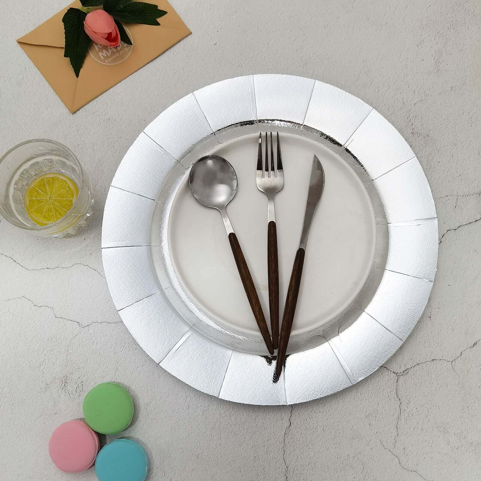 10-Pack Disposable Round Charger Plates in Silver with Leathery Texture - Durable 1100GSM Cardboard Placemats 13