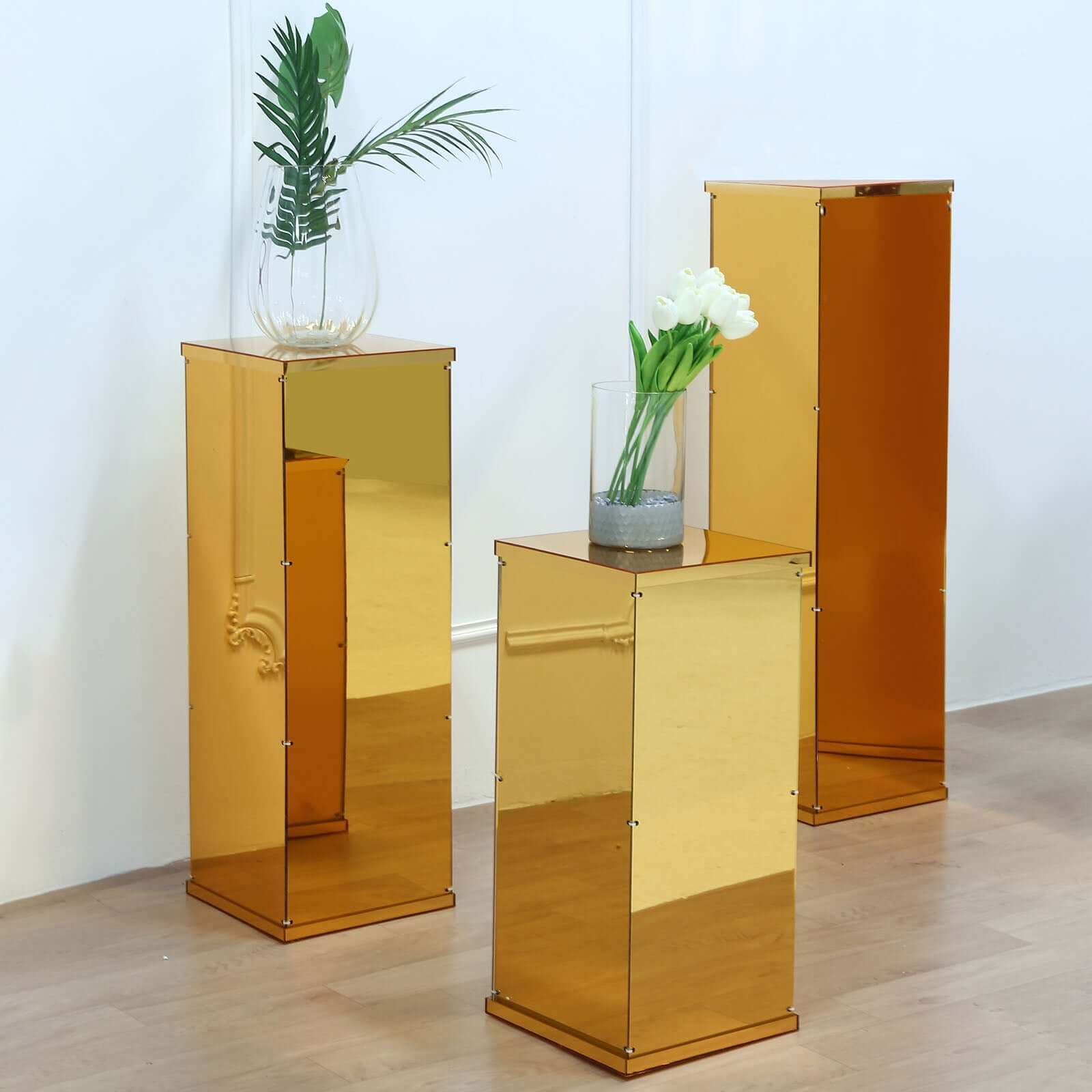 40 Floor Standing Gold Mirror Finish Acrylic Display Box, Pedestal Riser with Interchangeable Lid and Base