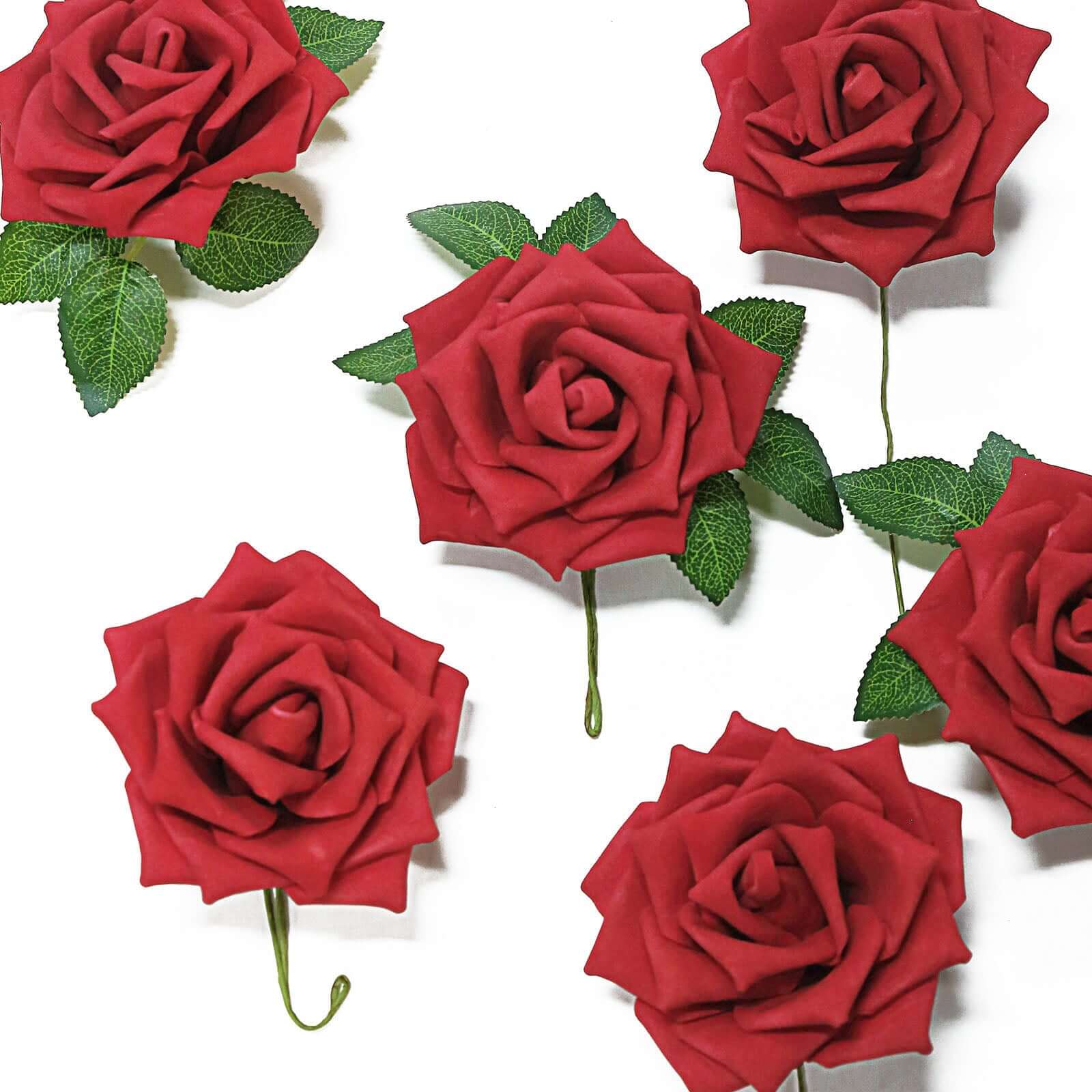 24 Roses 5 Red Artificial Foam Flowers With Stem Wire and Leaves