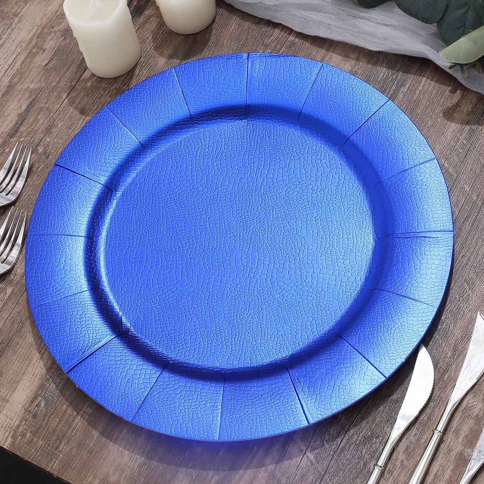 10-Pack Disposable Round Charger Plates in Royal Blue with Leathery Texture - Durable 1100GSM Cardboard Placemats 13