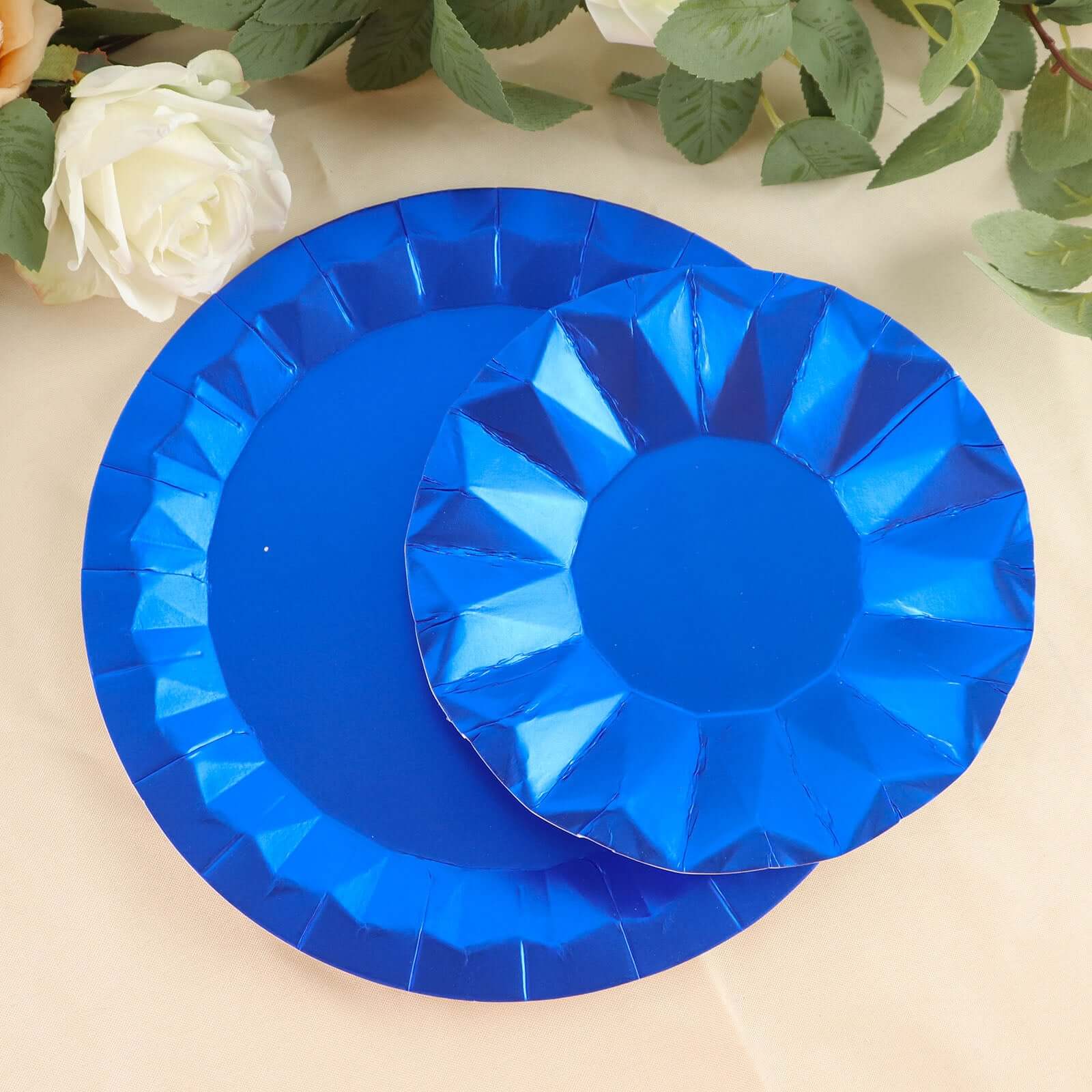 25-Pack Paper 7 Round Dessert Plates in Royal Blue with Geometric Prism Rim - Disposable 400GSM Appetizer Salad Plates