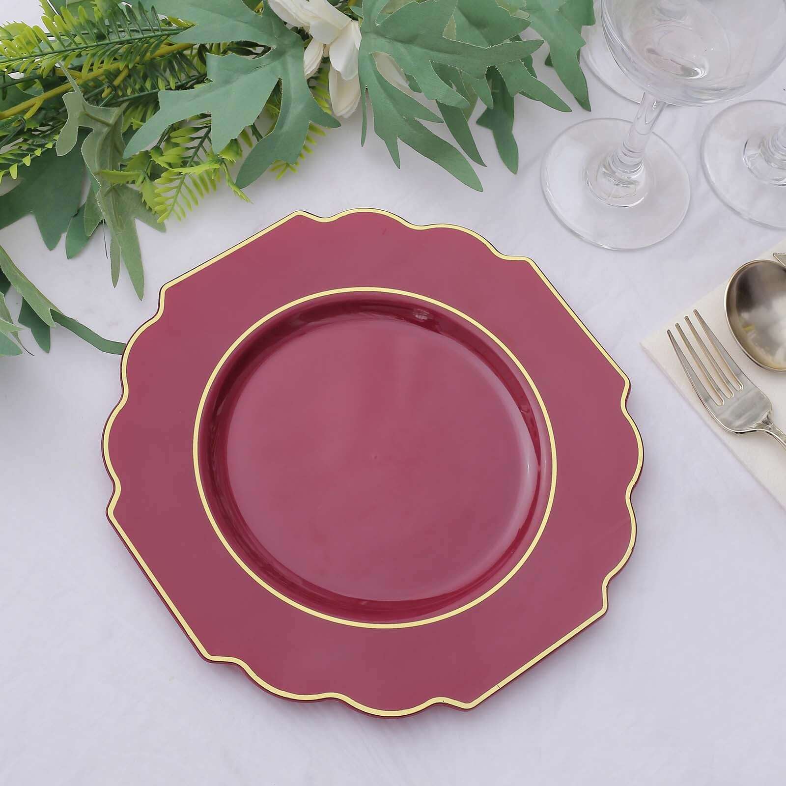 10-Pack Plastic Dessert Appetizer Plates in Burgundy Baroque Design with Scalloped Gold Rim - Heavy Duty Disposable Salad Plates 8