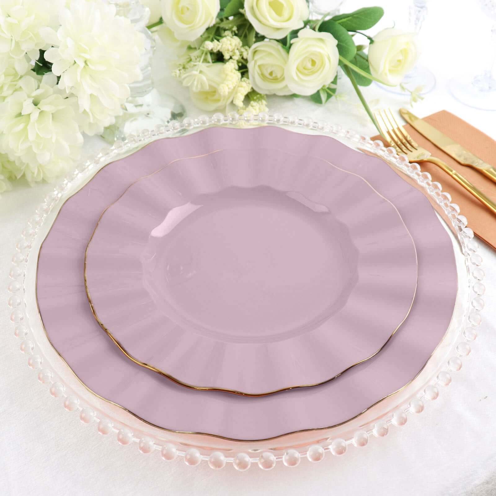 10-Pack Plastic 11 Round Dinner Plates in Lavender Lilac Ruffled Rim with Gold Edging - Sturdy Disposable Dinnerware