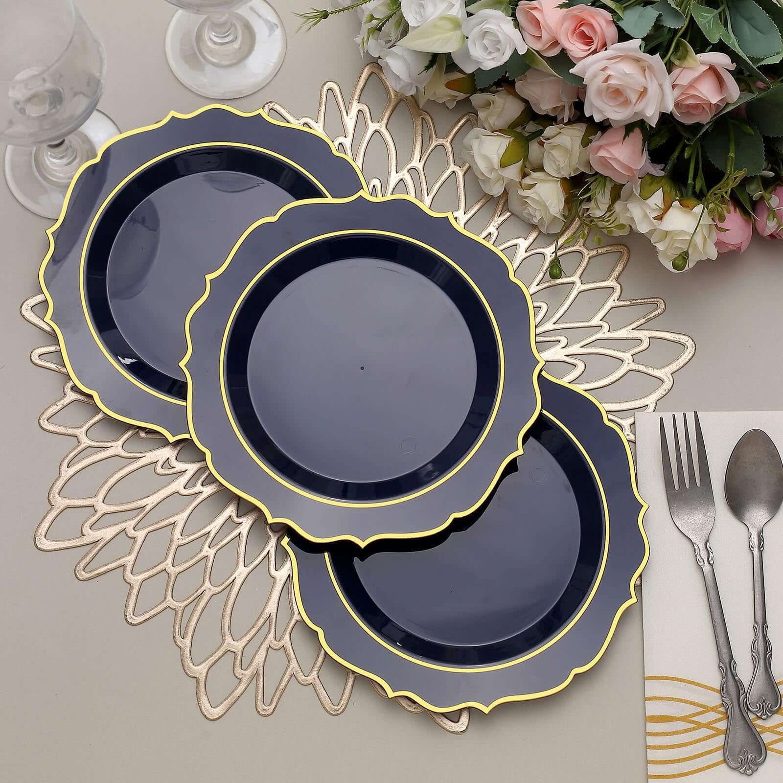 10-Pack Plastic 8 Round Desert Plates in Navy Blue with Gold Scalloped Rim - Disposable Appetizer/Salad Plates