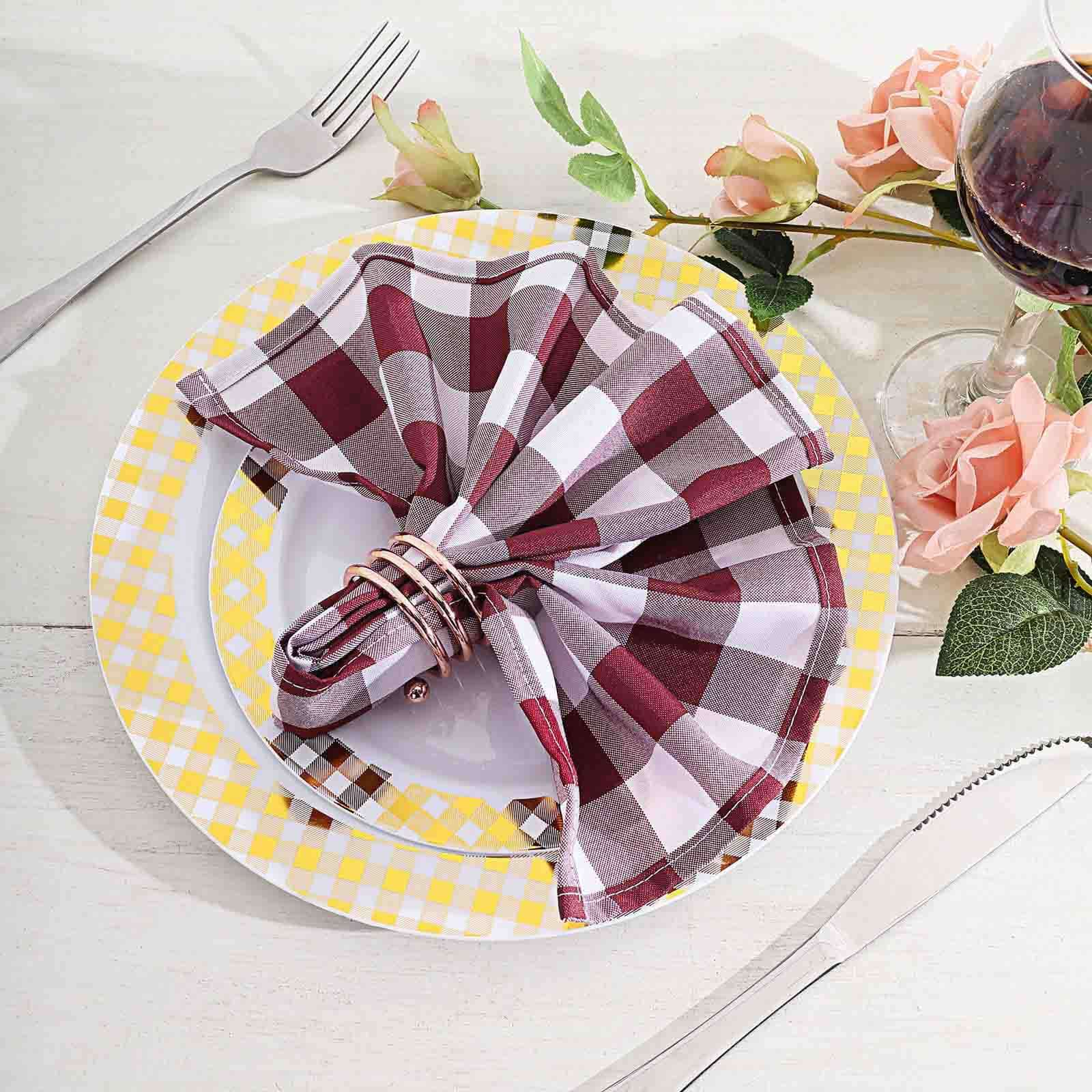 5 Pack Polyester 15x15 Napkins Burgundy/White Buffalo Plaid Gingham Style Cloth Napkins