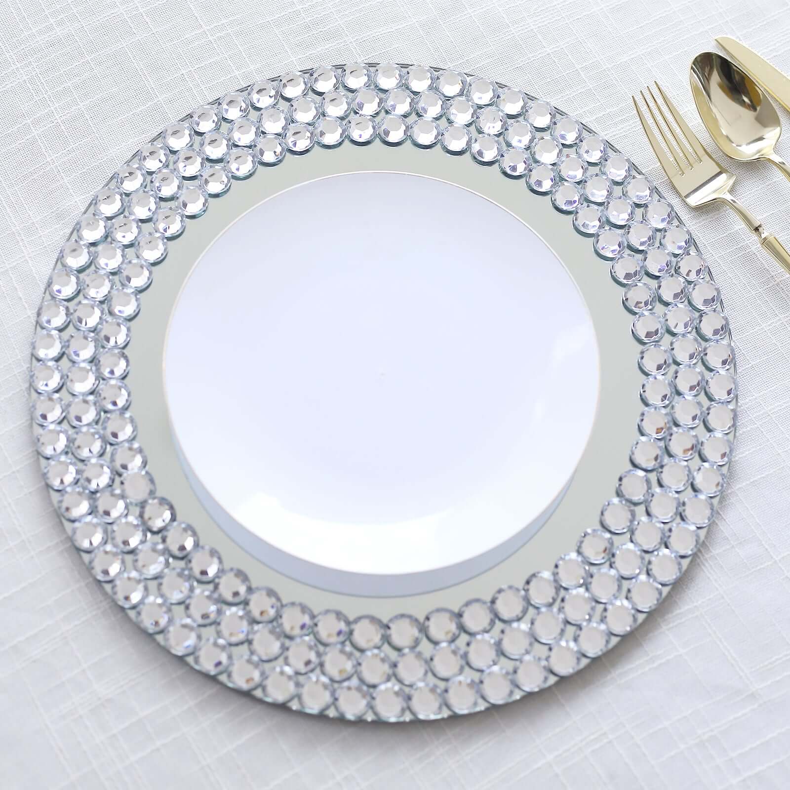 2-Pack Mirror Glass Round Charger Plates 13 with Silver Mirror Diamond Beaded Rim, Upscale Decorative Chargers