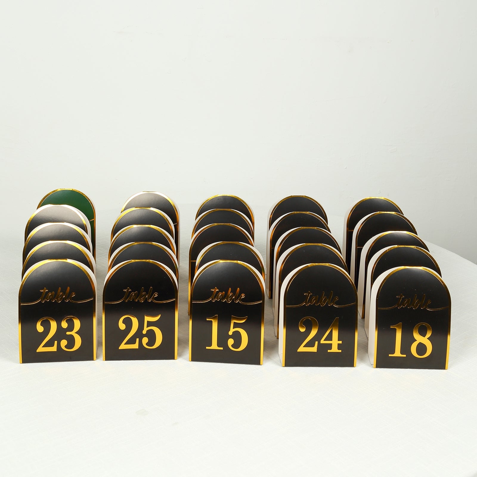 25-Pack Paper Wedding Table Numbers 1-25 Black Arch Cutout Design - Sleek & Modern Free Standing Double Sided Table Tent Cards with Metallic Gold Foil Numbers 7