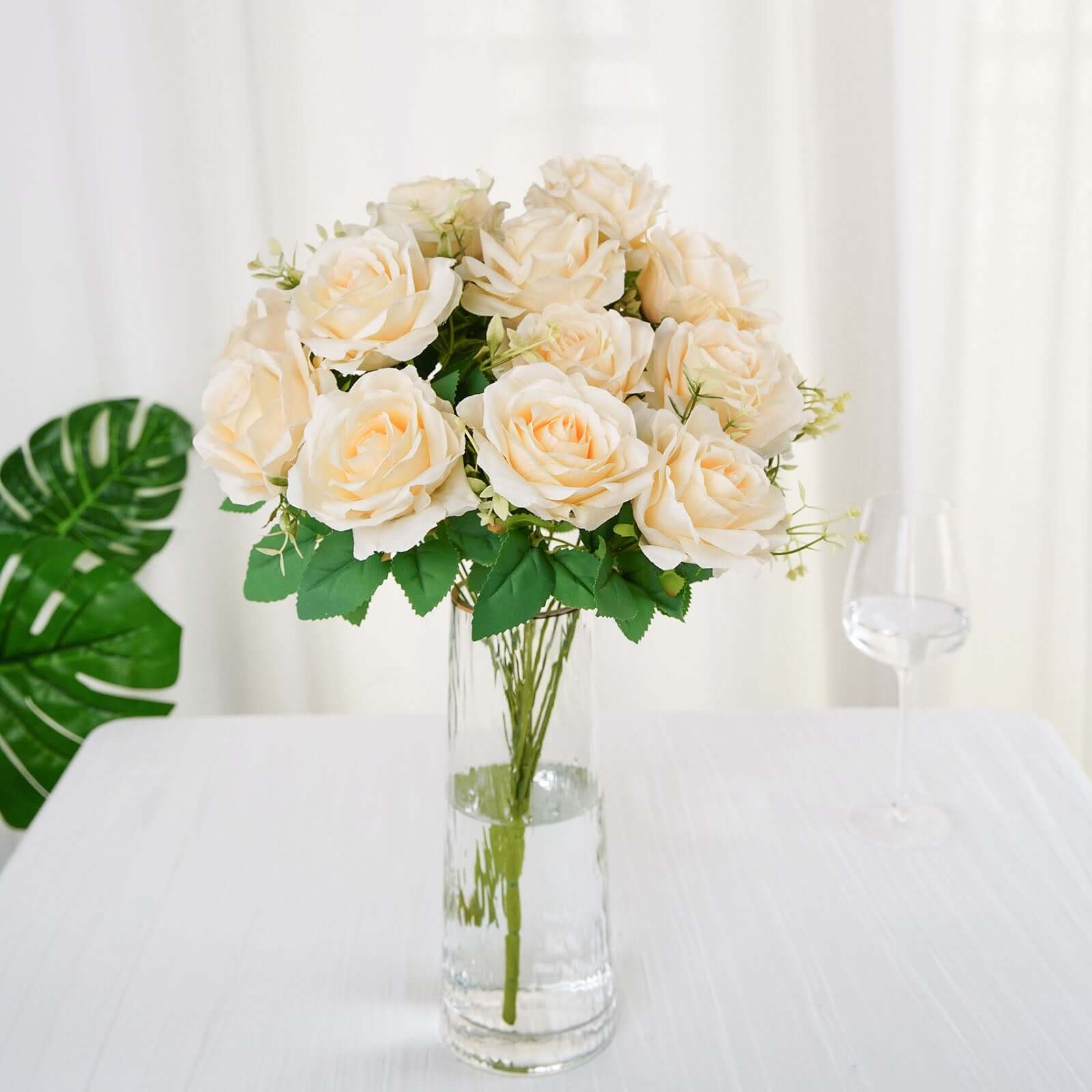 2 Bushes 18 Real Touch Cream Artificial Rose Flower Bouquet, Silk Long Stem Flower Arrangements