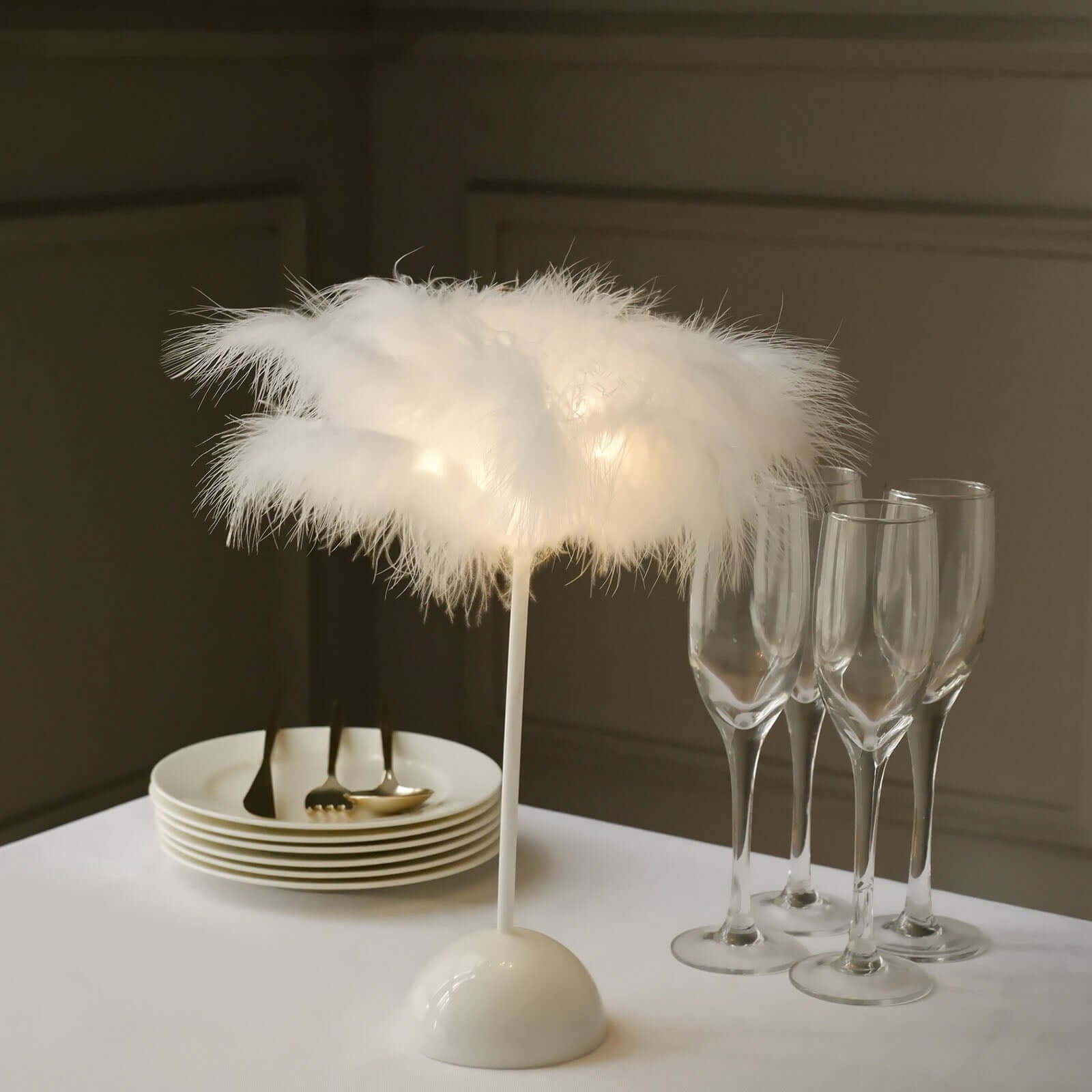 Table Lamp Feather Design White LED Battery Operated - Cordless Wedding Centerpiece 15