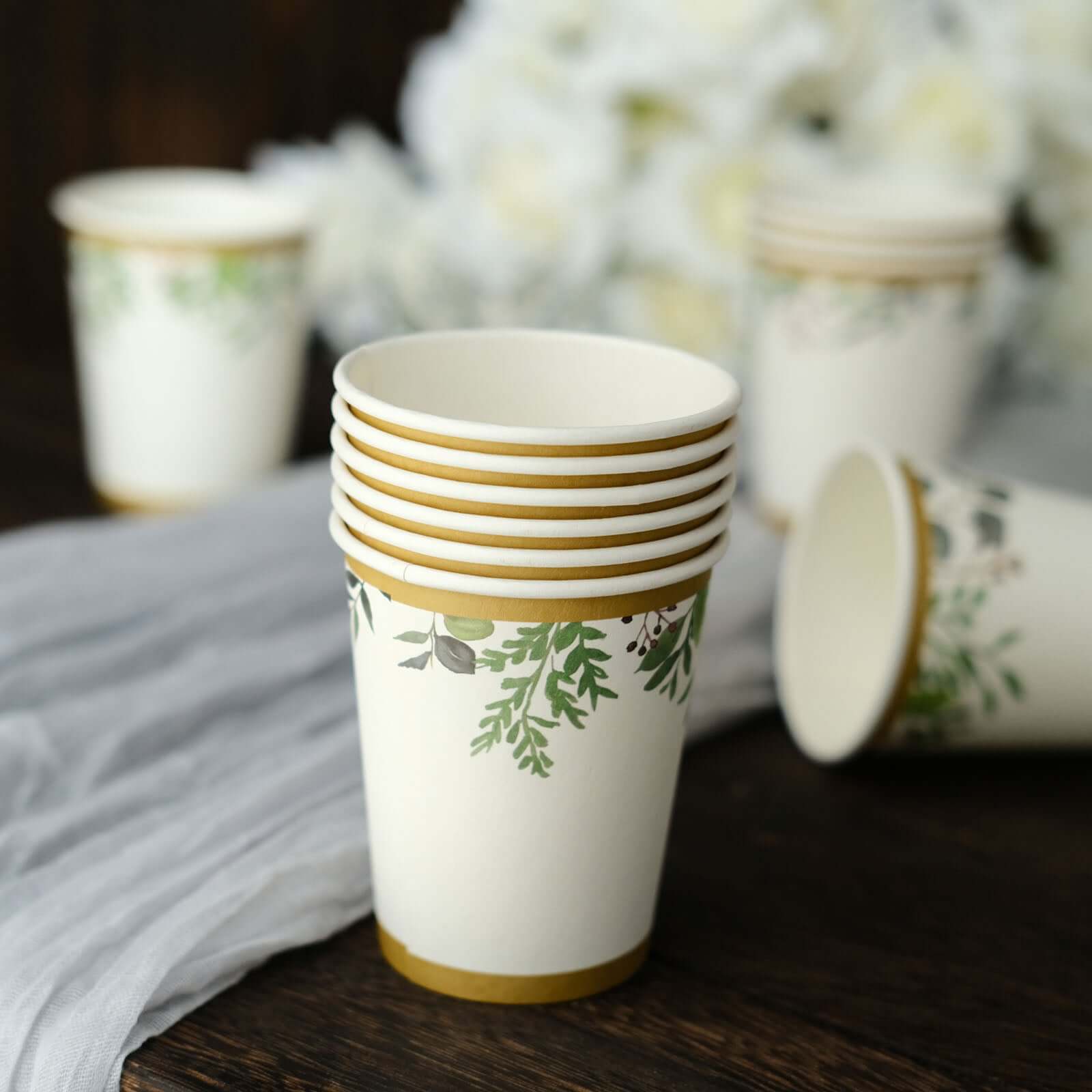 24 Pack 9oz White Tropical Greenery Gold Trim Party Paper Cups, Eucalyptus Disposable Cups With Gold Rim - 250 GSM