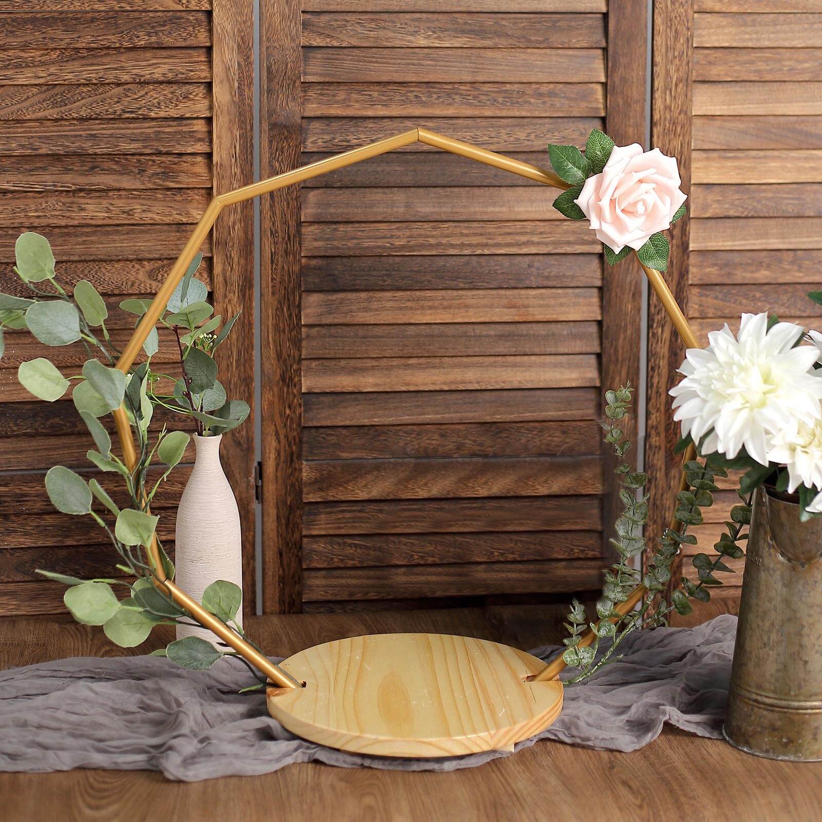 Metal Nonagon Floral Hoop Cake Stand Gold - Chic Geometric Dessert Display DIY Centerpiece Table Decoration With Wooden Base 22