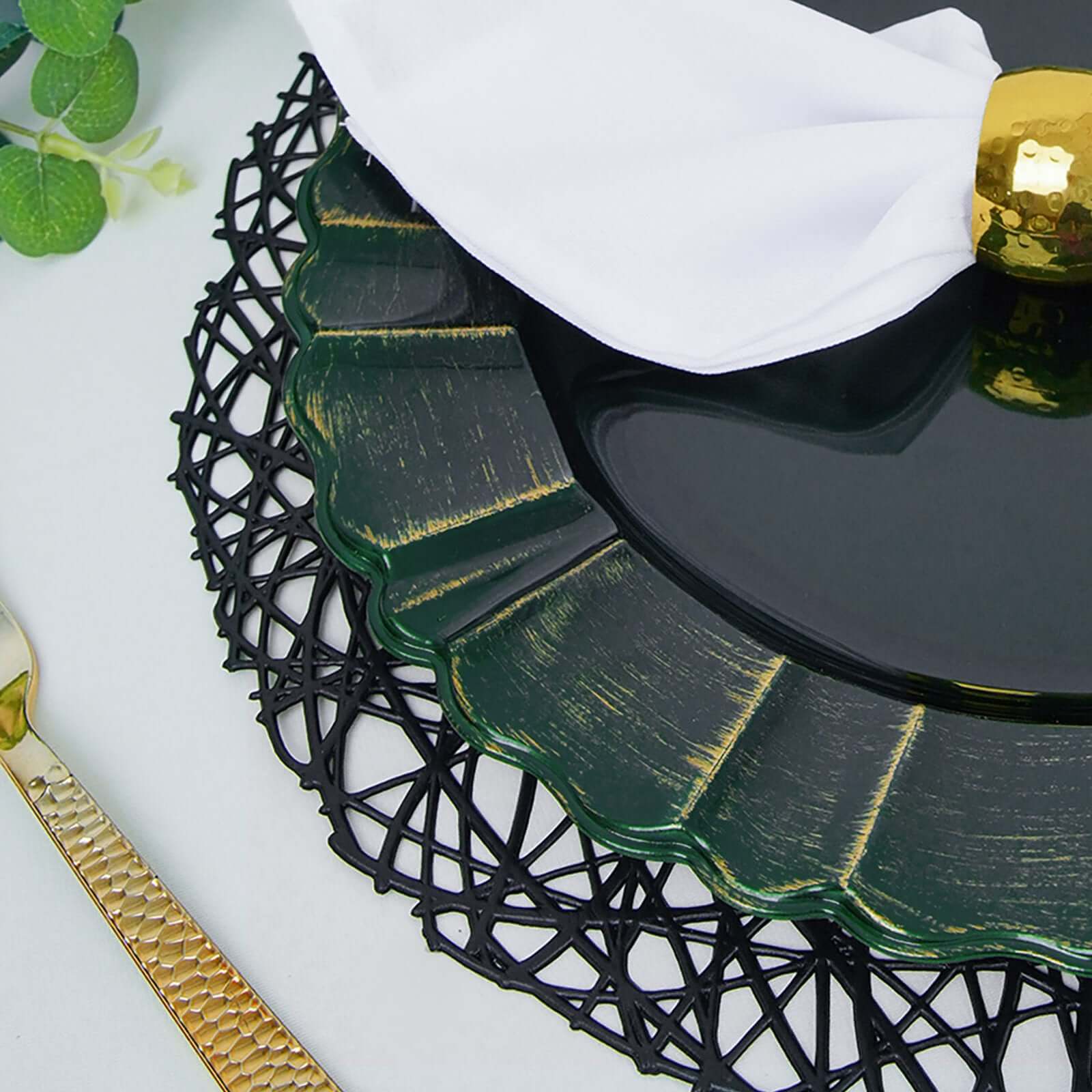 6-Pack Acrylic Plastic Round Charger Plates 13 in Hunter Emerald Green with Gold Brushed Wavy Scalloped Rim, Decorative Dinner Party Charger Tableware