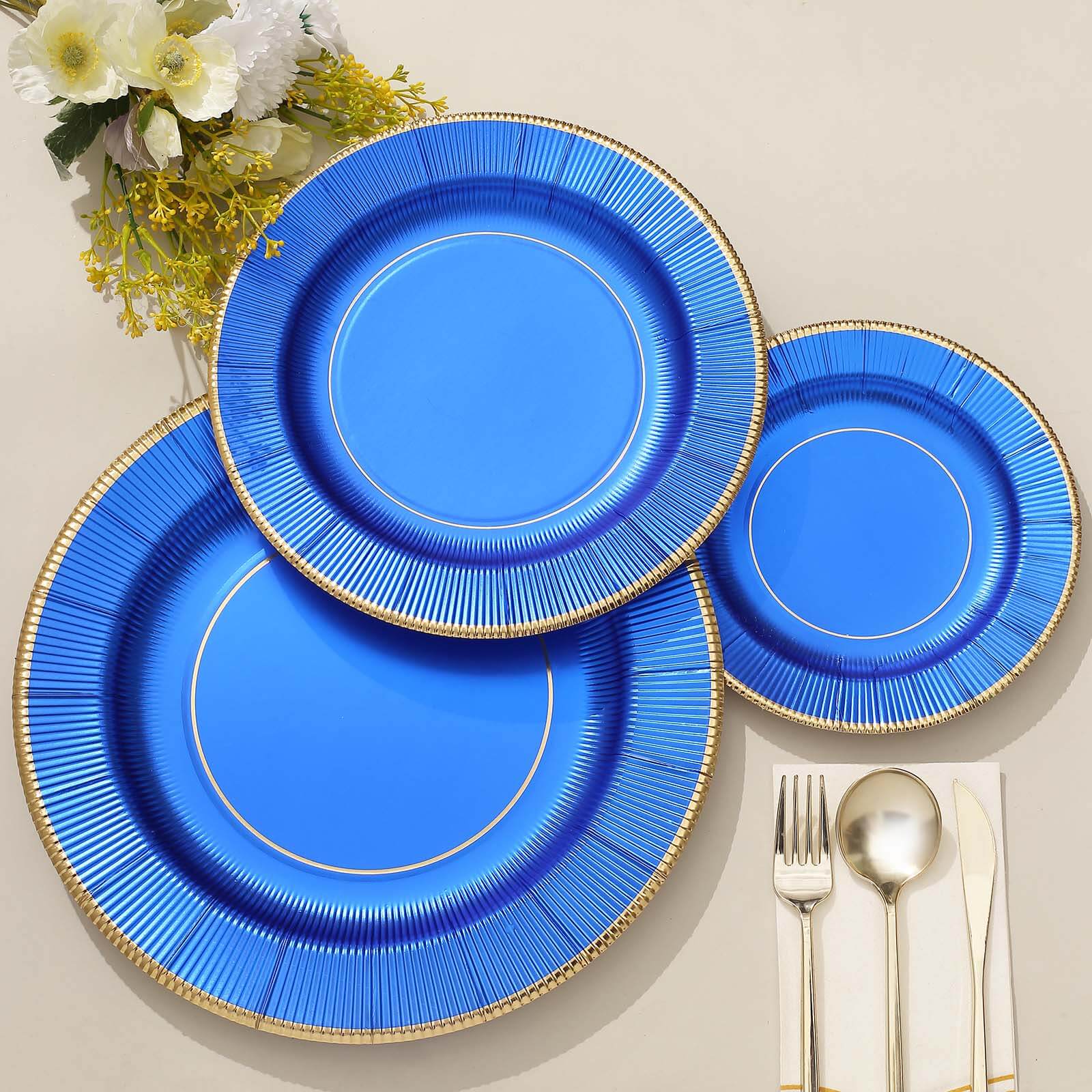 25-Pack Paper 8 Round Dessert Plates in Royal Blue Sunray Design with Gold Rim - Disposable Heavy Duty 350GSM Appetizer Salad Plates