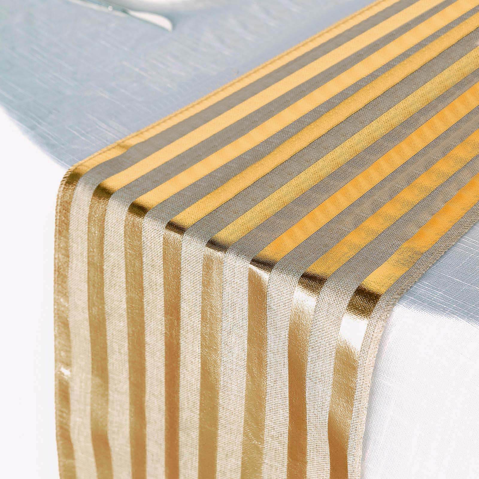 Faux Jute Burlap 12x108 Table Runner Taupe with Gold Stripes - Rustic Farmhouse Table Linen