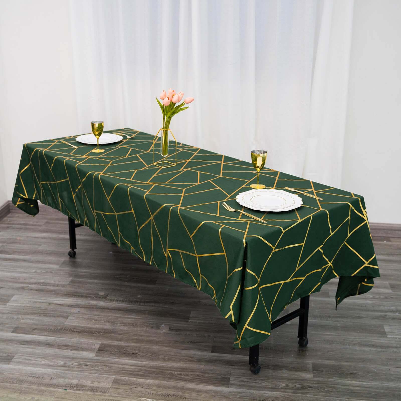 Polyester 60x102 Rectangle Tablecloth Hunter Emerald Green with Gold Foil Geometric Pattern - Wrinkle-Resistant & Durable Table Cover