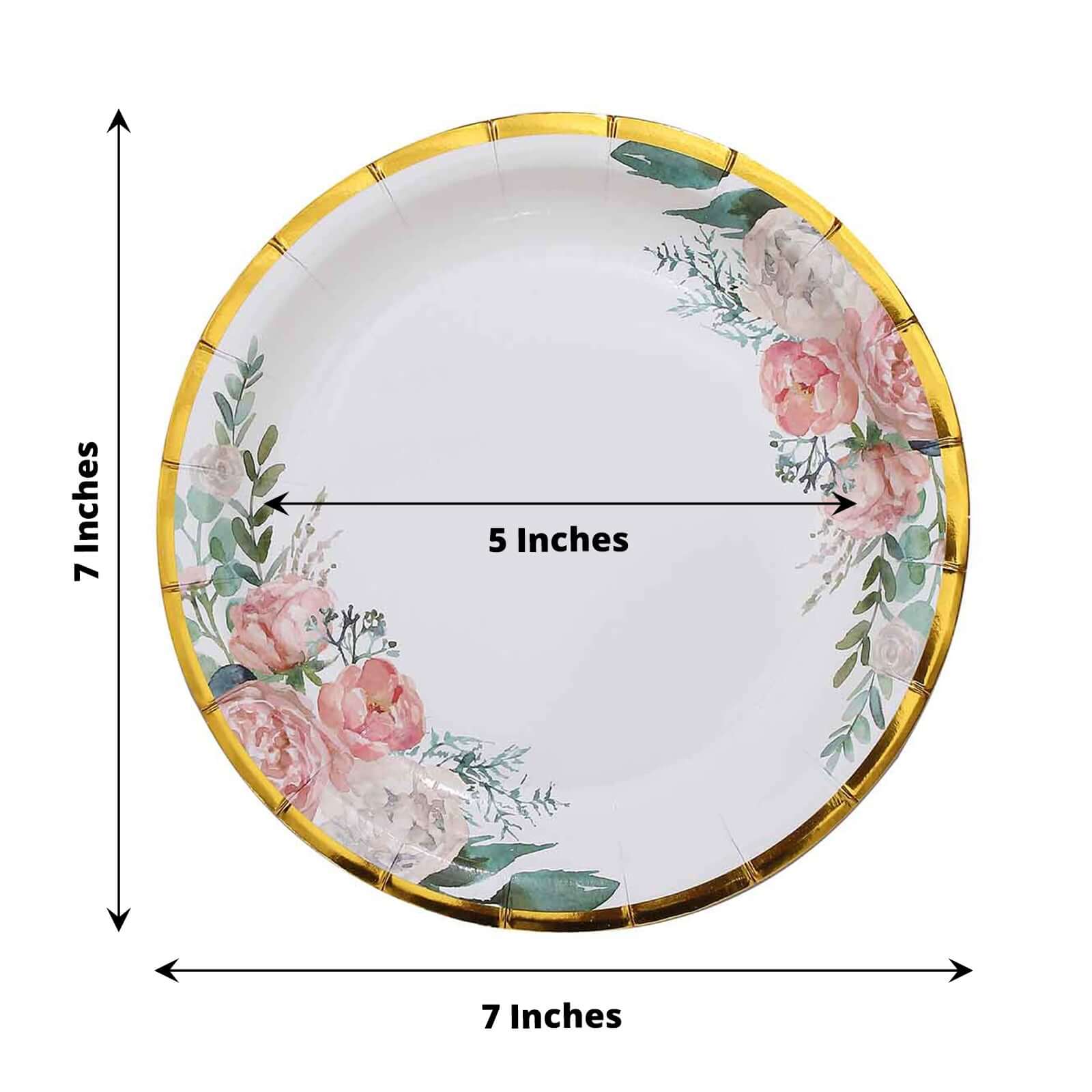 25-Pack Paper 7 Round Dessert Plates in White with Peony Floral Design & Gold Rim - Disposable Floral Salad Appetizer Plates for Brunches & Afternoon Teas