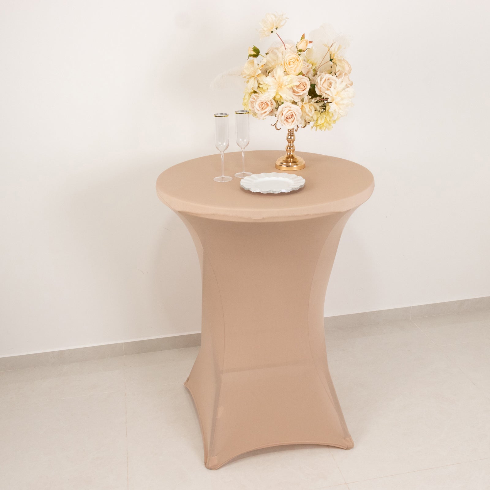 Spandex 24-32 Round Cocktail Table Cover Nude - Easy to Maintain Stretch Fitted Highboy Tablecloth