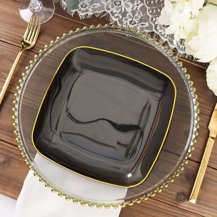 10-Pack Plastic 10 Square Dinner Plates in Black with Gold Rim - Classy Disposable Lunch Party Plates