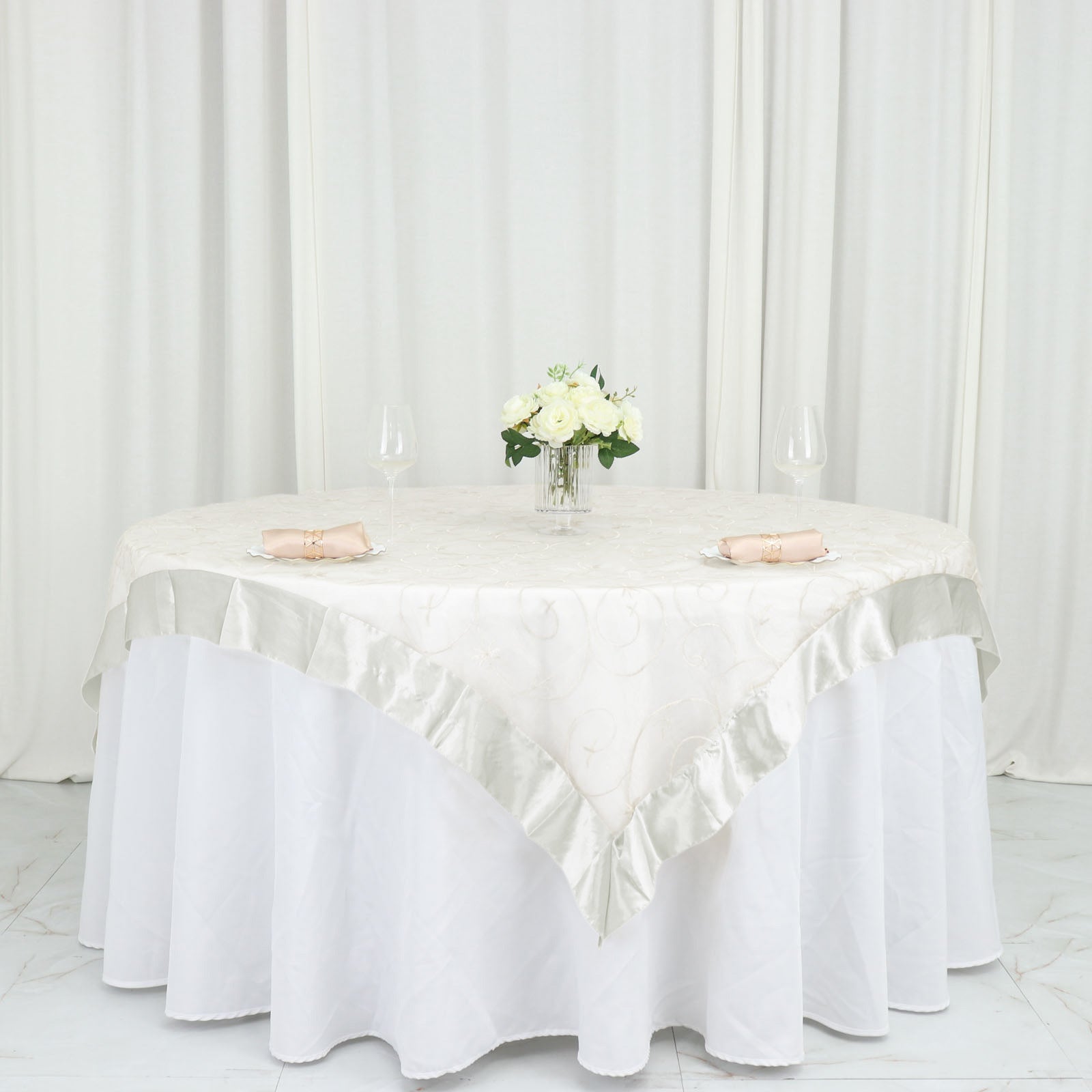 60x60 Ivory Embroidered Sheer Organza Square Table Overlay With Satin Edge