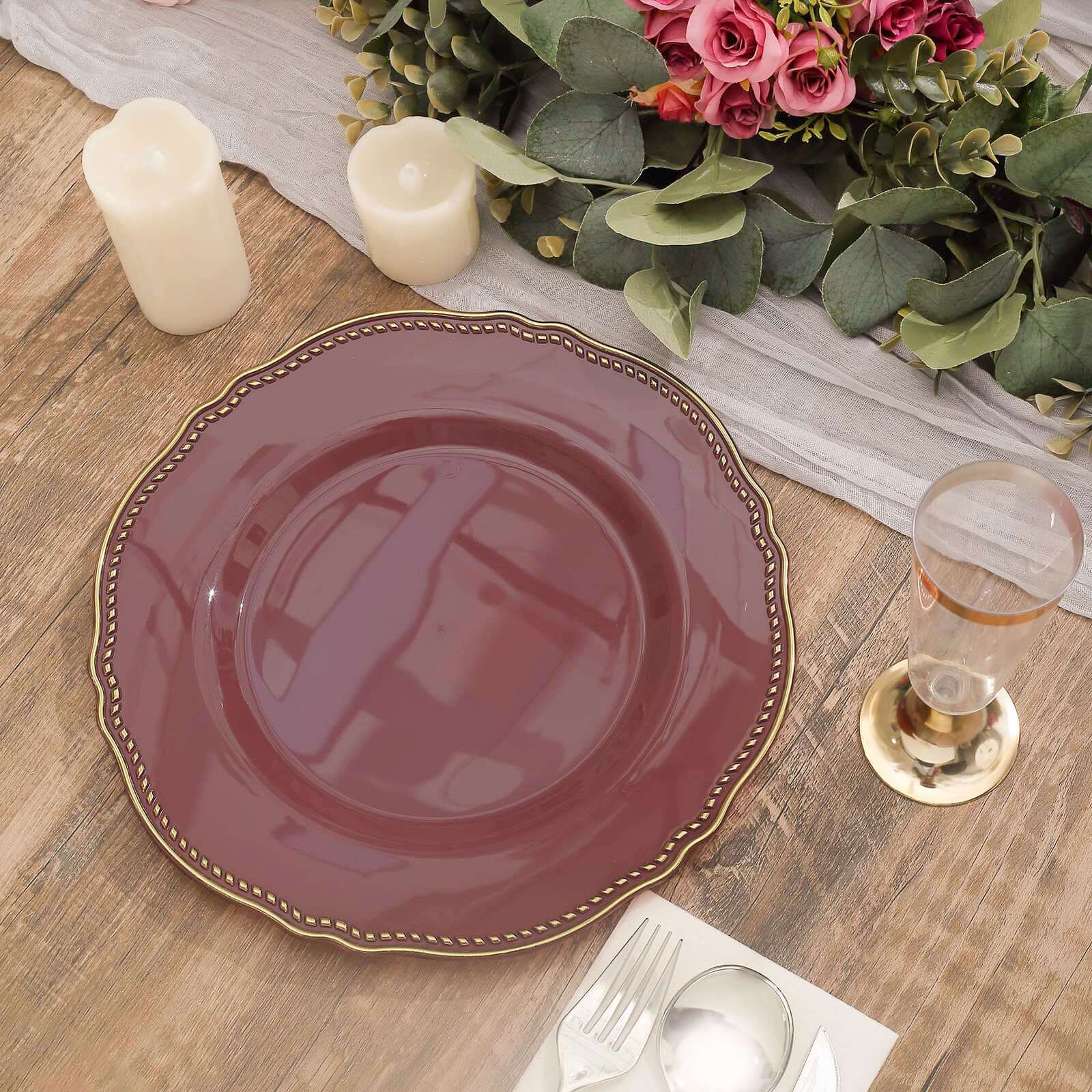 10-Pack Plastic 10 Dinner Plates in Cinnamon Rose with Gold Scalloped Rim - Disposable Large Party Plates