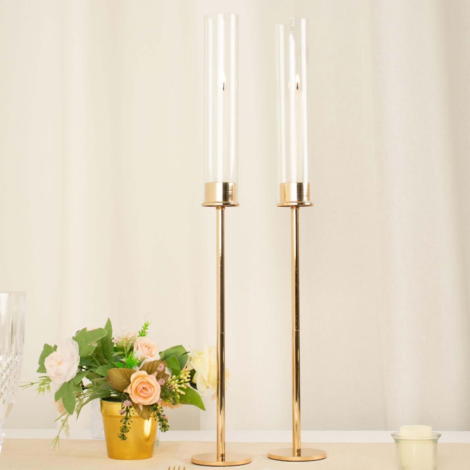 2-Pack Gold Metal Taper Candlestick Holders, Clear Glass Hurricane Candle Stands With Chimney Candle Shades 24