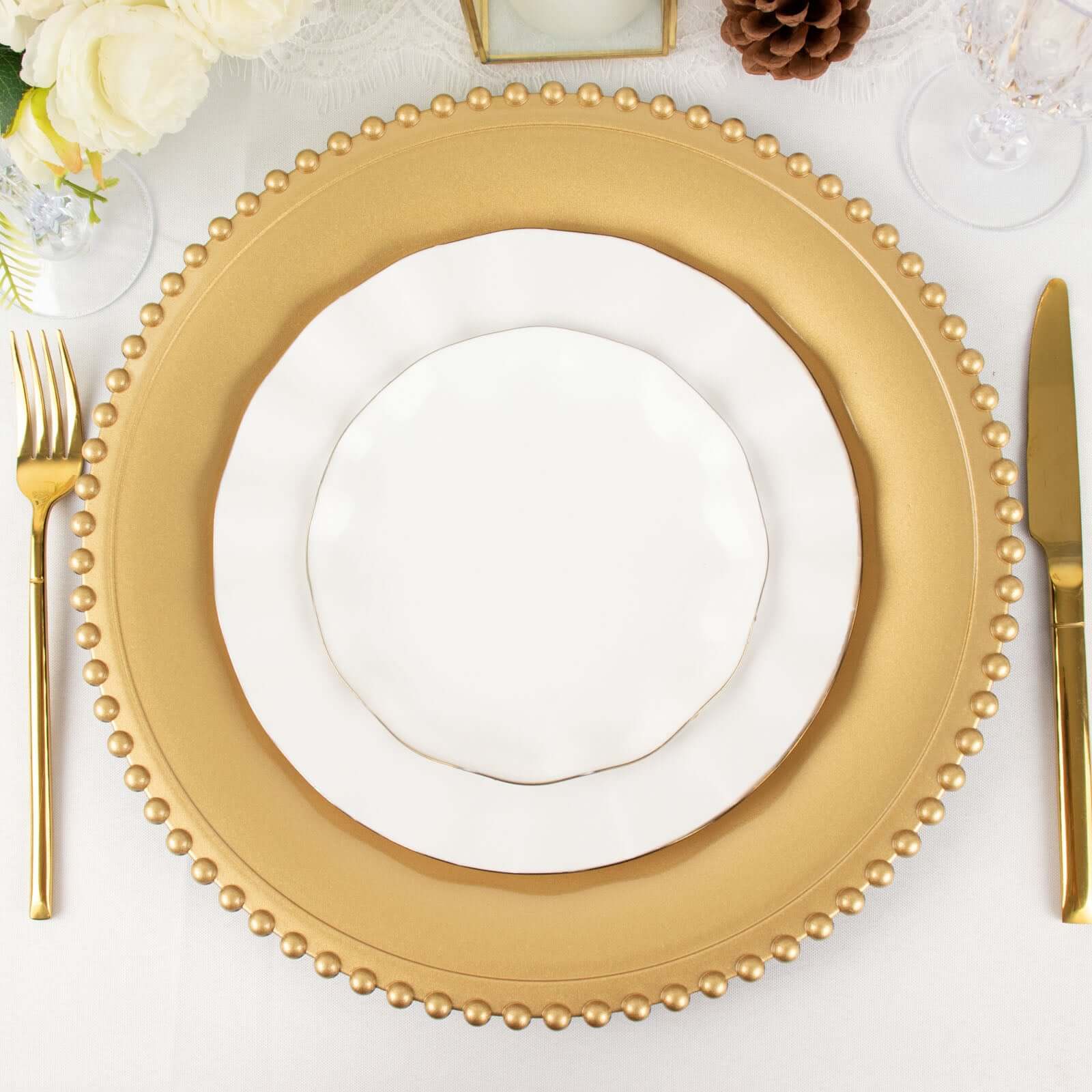 6-Pack Acrylic Round Charger Plates 13 in Gold with Beaded Rim, Decorative Dinner Party Charger Tableware