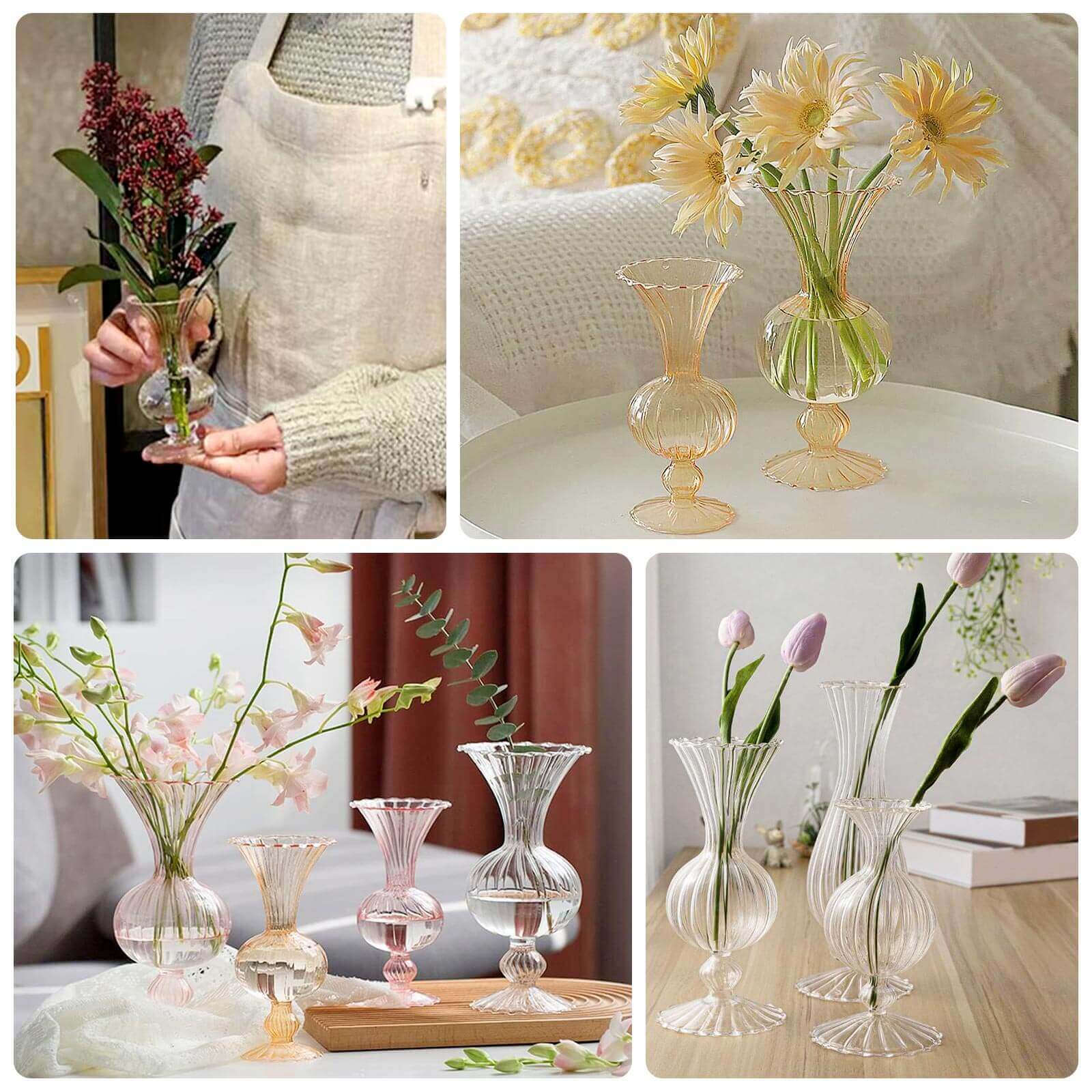 Set of 4 Glass Flower Vases Nordic Style with Petals Texture Clear - Transparent Bud Planters for Wedding Table Decor 7, 9