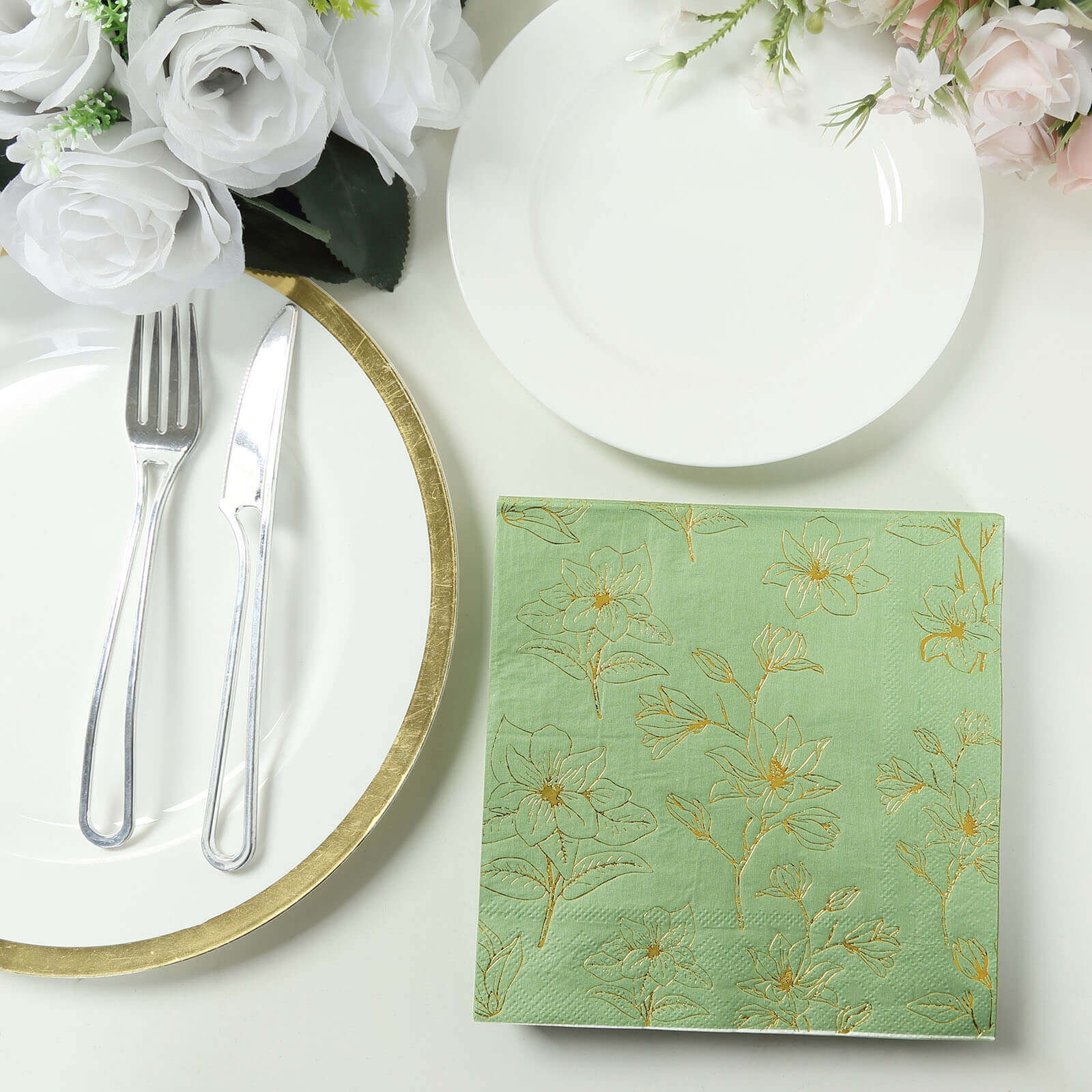 50-Pack Paper Cocktail Napkins with Gold Magnolia Flowers Print Sage Green - Highly 2 Ply Absorbent Soft Napkins for Beverages