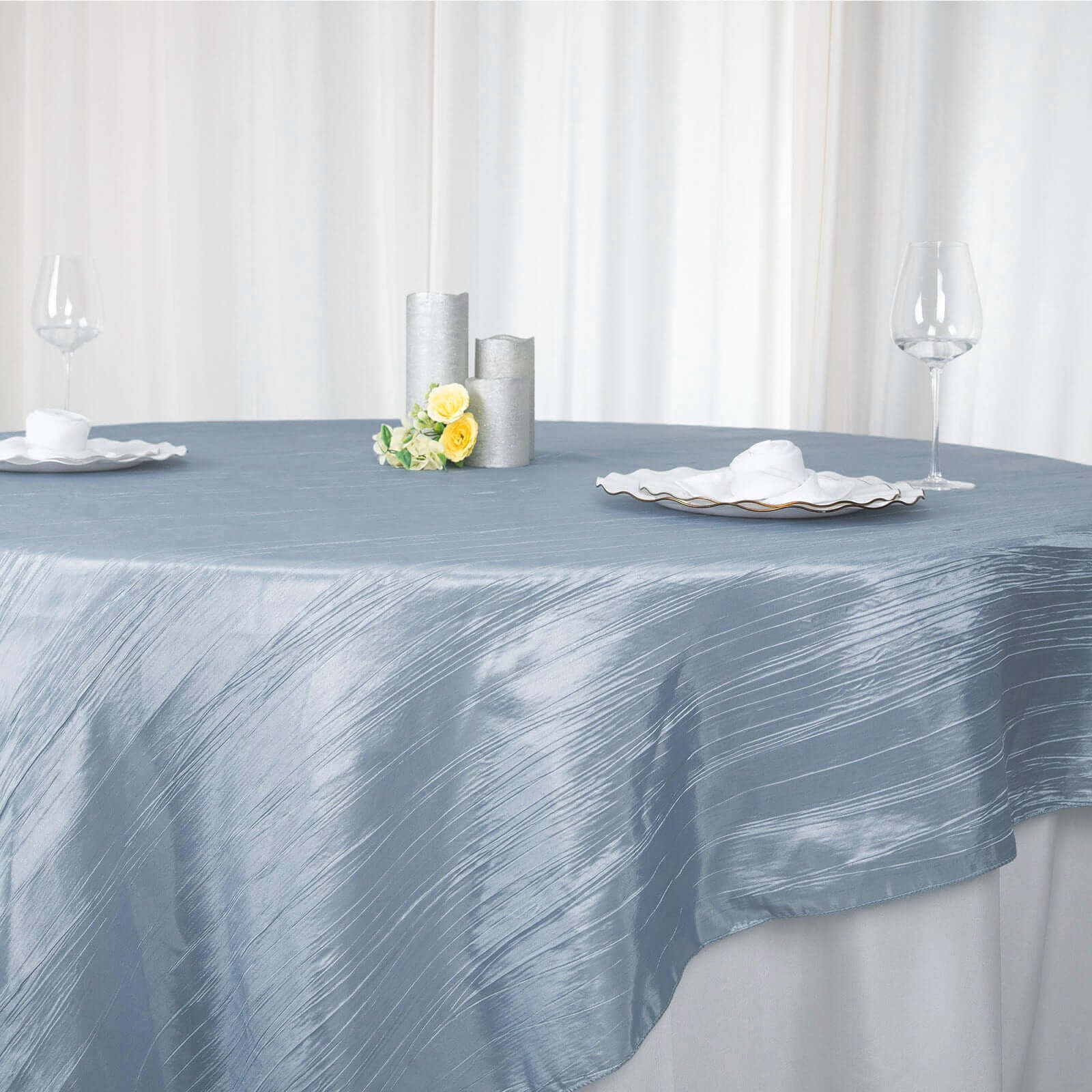 Taffeta 90x90 Table Overlay Square Tablecloth Dusty Blue - Accordion Crinkle Table Cover