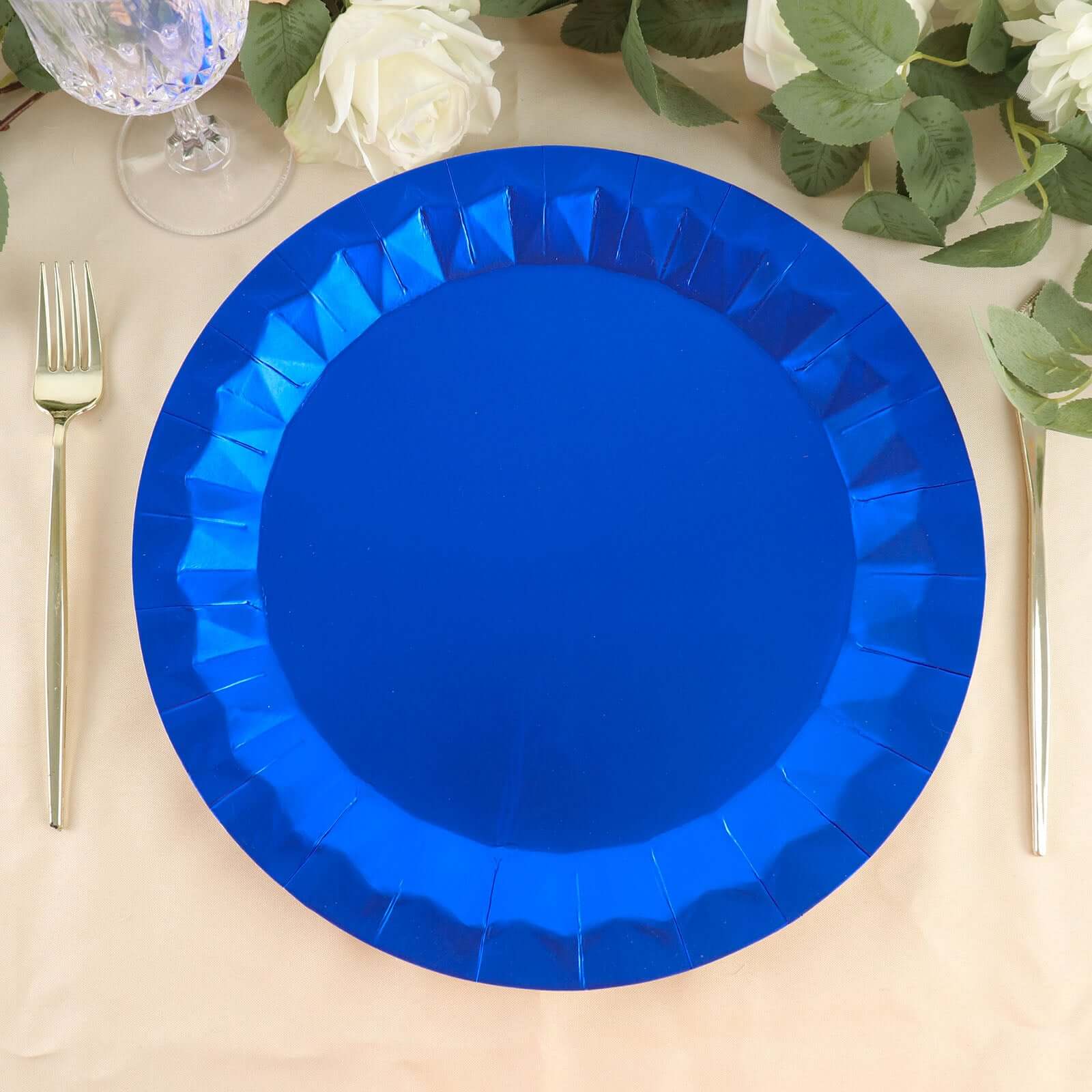 25-Pack Paper 12 Round Charger Plates in Royal Blue with Geometric Prism Design - Disposable 400GSM Serving Trays