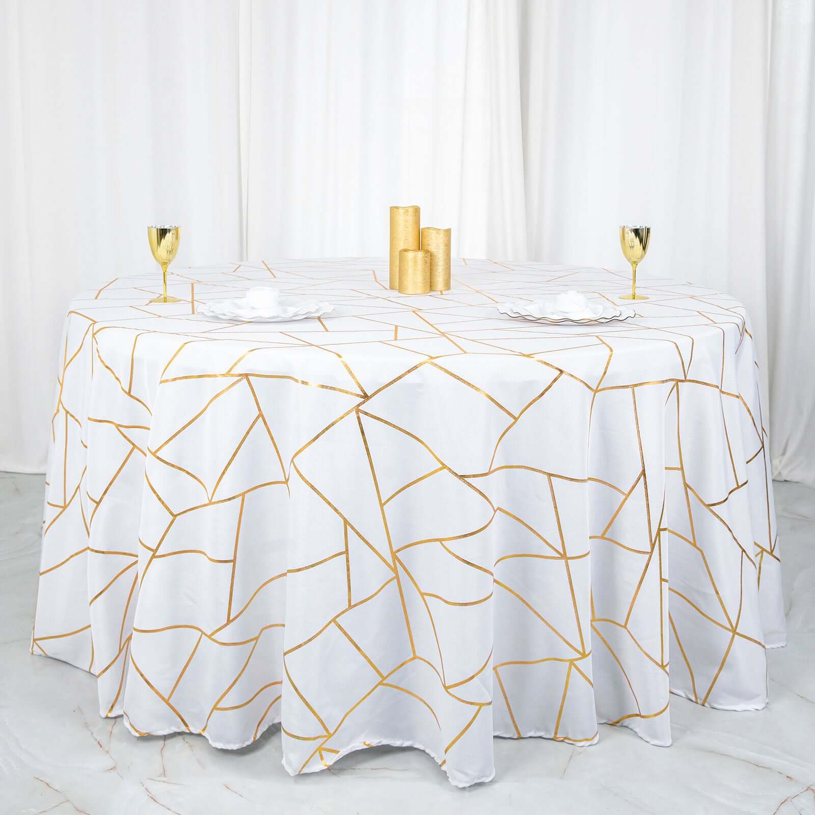 Polyester 120 Round Tablecloth White with Gold Foil Geometric Pattern Wrinkle-Resistant Modern Seamless Table Cover