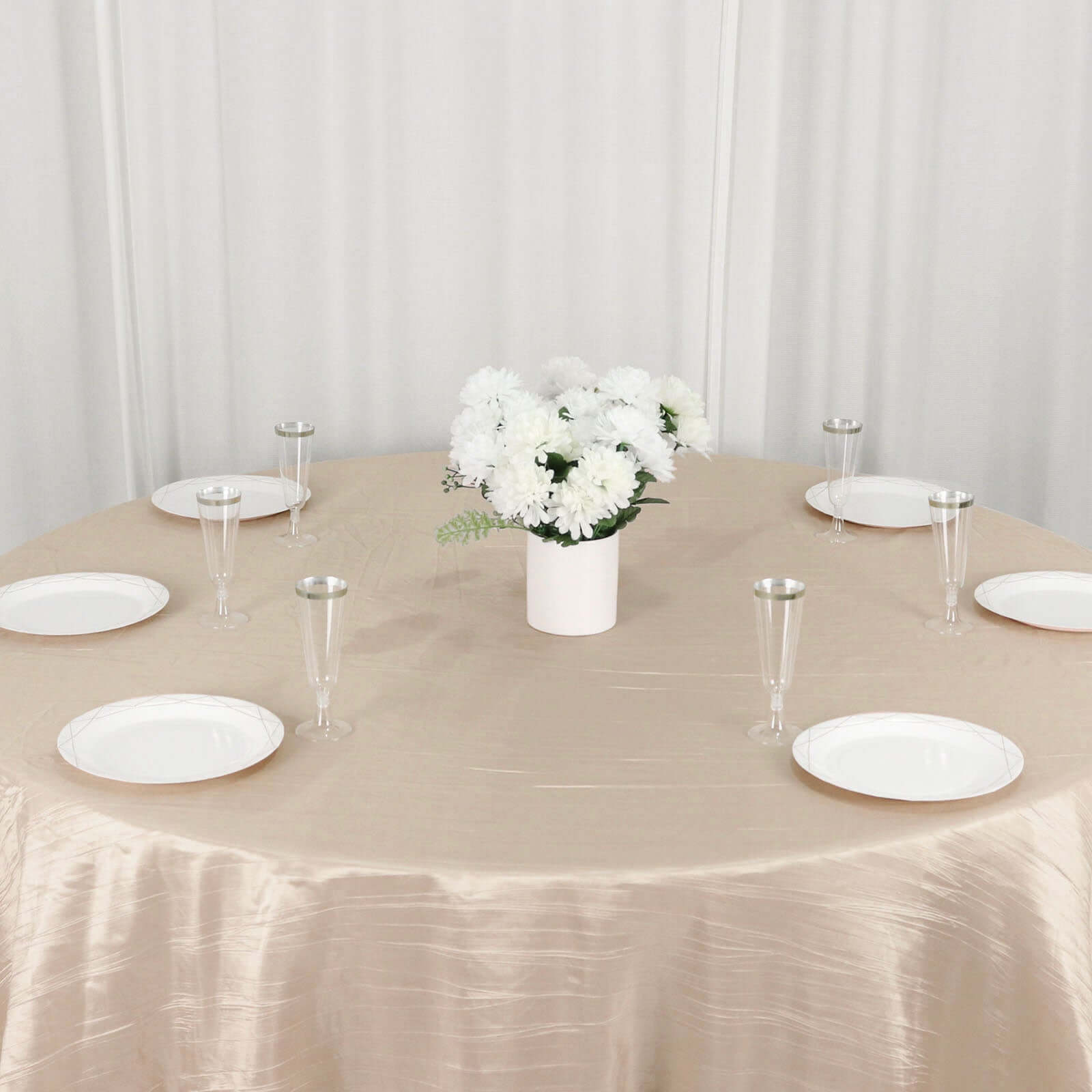 Taffeta 132 Round Tablecloth Beige - Seamless Accordion Crinkle Table Cover