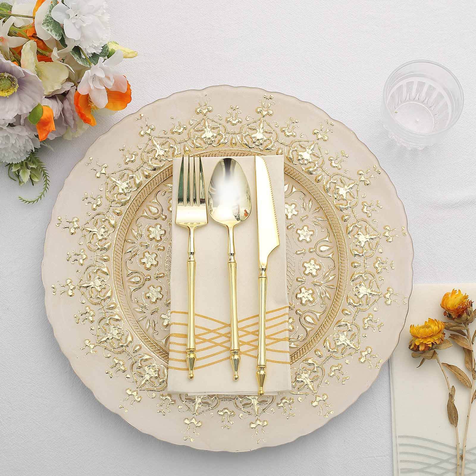 8-Pack Glass Round Charger Plates 13 in Gold with Monaco Style Ornate Design, Classy Decorative Dinner Chargers