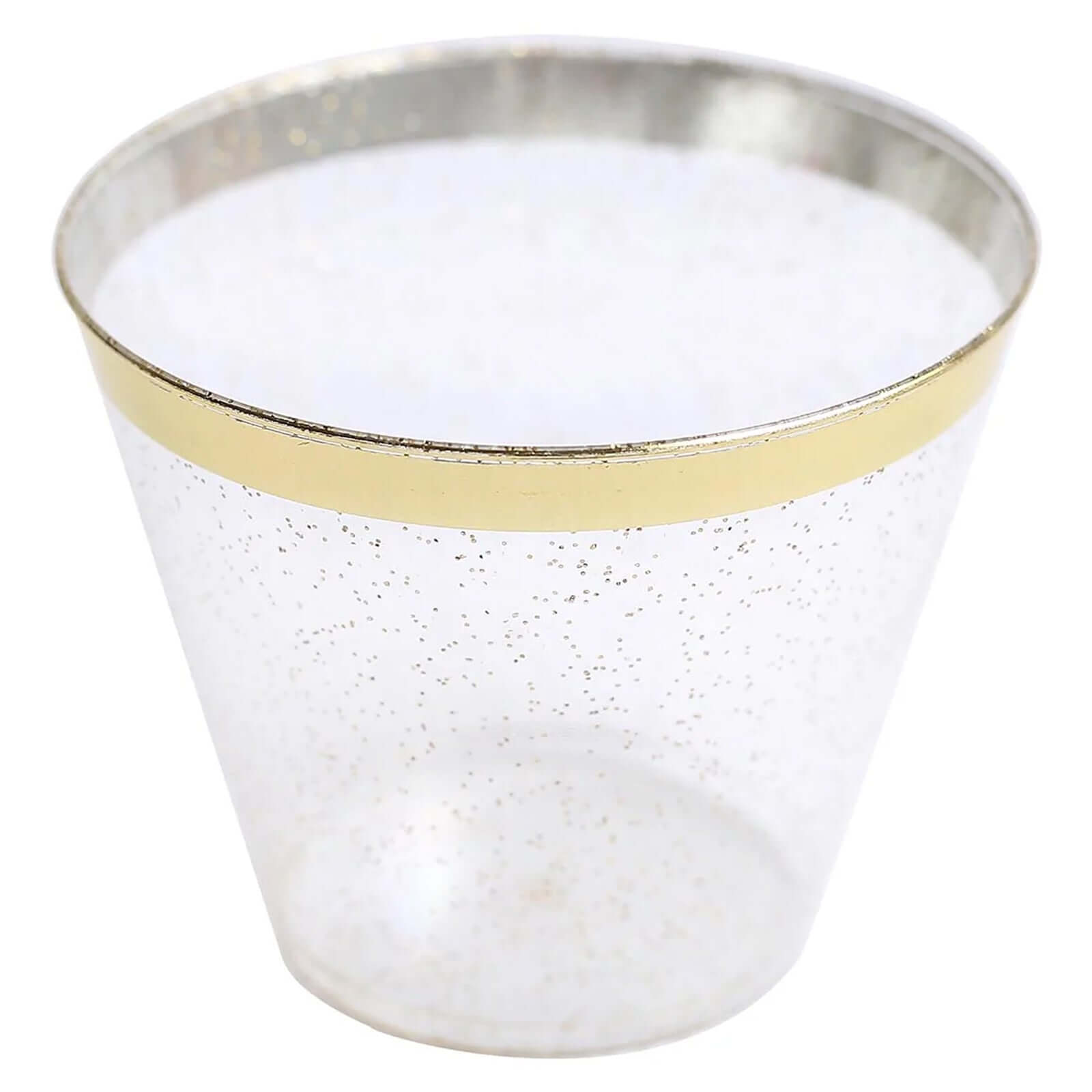 25-Pack Plastic Party Cups Clear/Gold Glitter Crystal with Gold Rim - Stylish Short Disposable Glasses 9oz