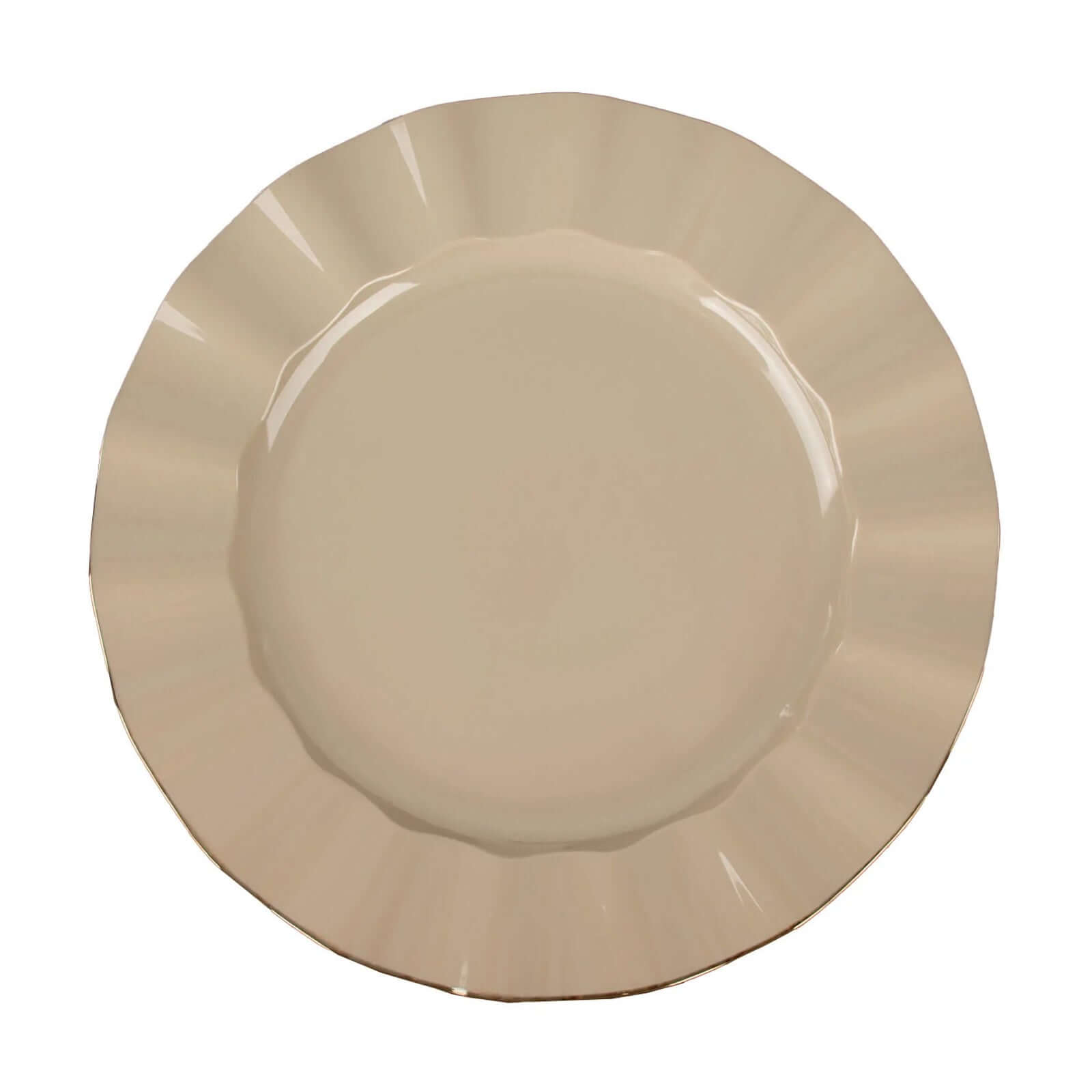 10-Pack Plastic 9 Round Dinner Plates in Taupe Ruffled Rim with Gold Edging - Sturdy Disposable Dinnerware