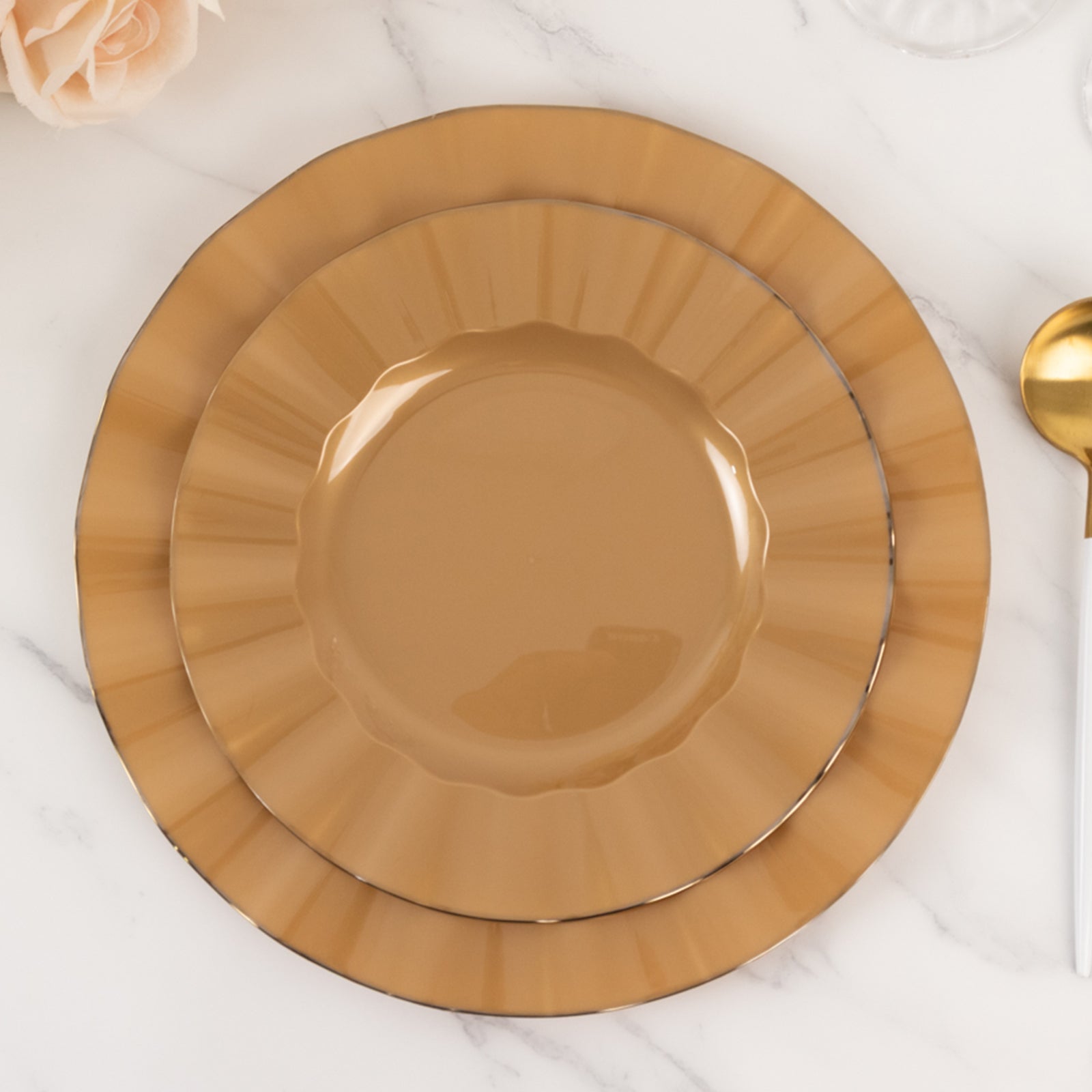 10-Pack Plastic 9 Round Dinner Plates in Gold with Ruffled Rim - Sturdy Disposable Dinnerware for Classy Events & Banquets