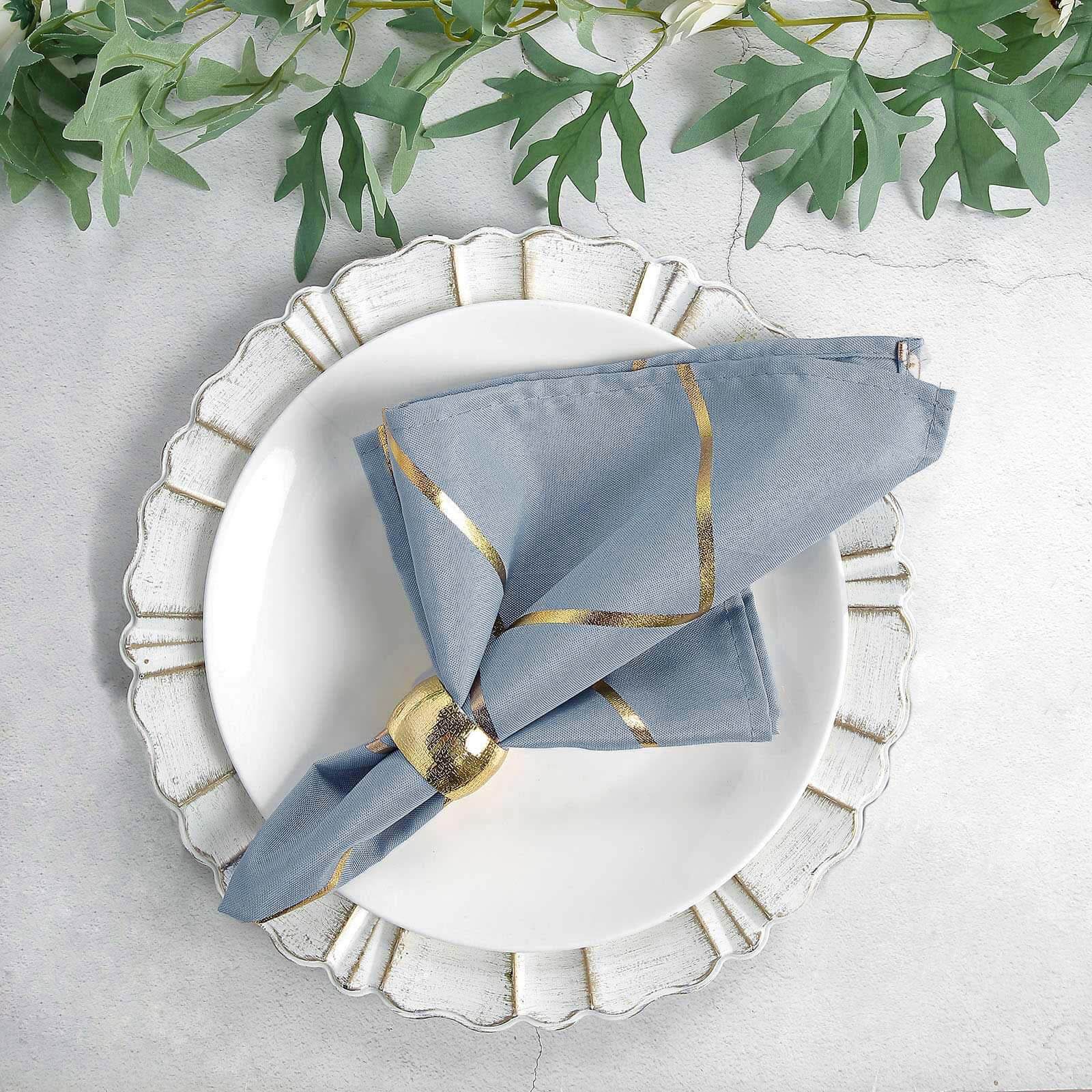 5 Pack Polyester 20x20 Napkins Dusty Blue with Gold Geometric Foil Pattern - Modern Reusable Dinner Napkins
