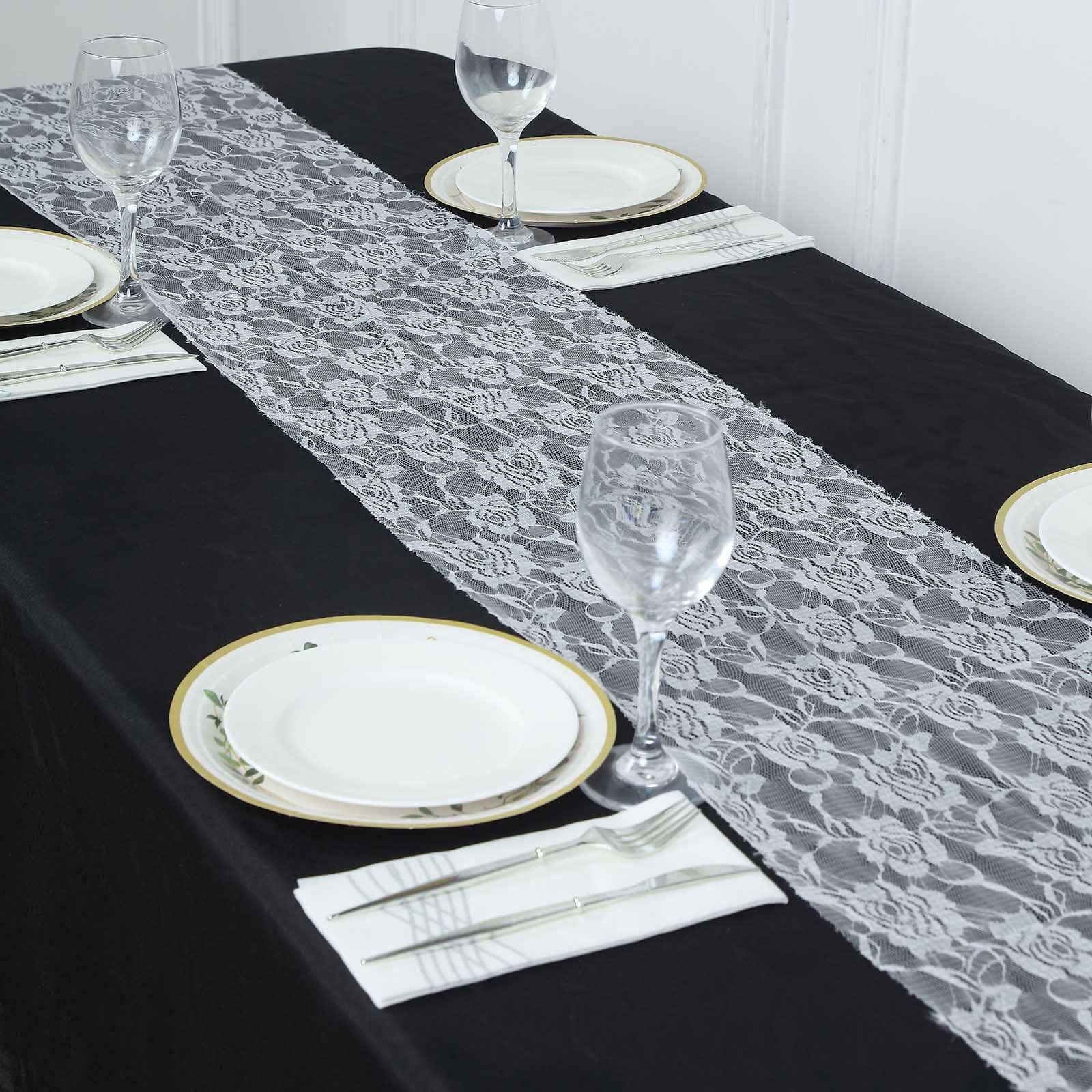 Lace 12x108 Table Runner White with Rose Flower Pattern - Stylish Vintage Table Decor