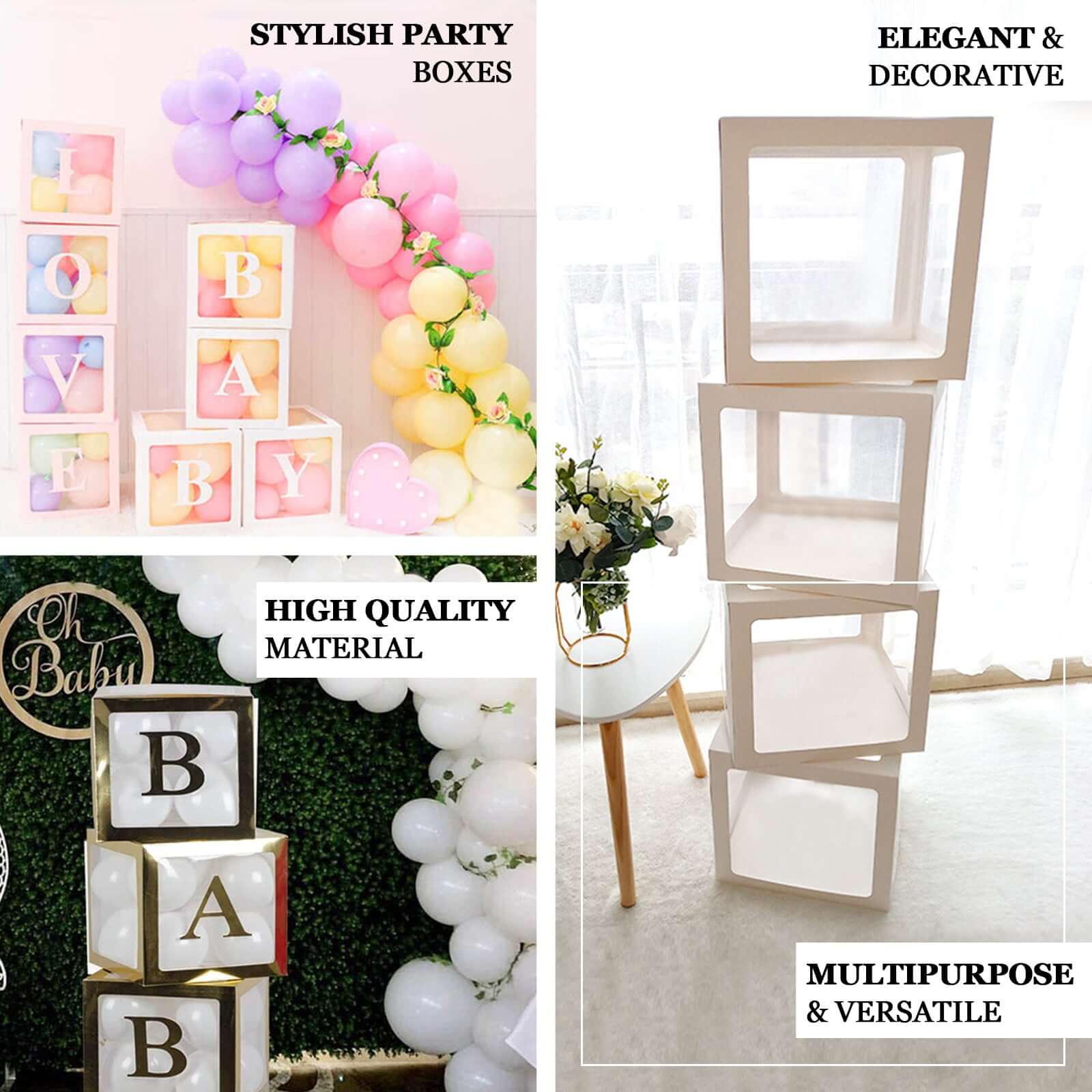 2 Pack 12 White Clear Baby Shower Party Decoration Boxes, Transparent DIY Balloon Boxes