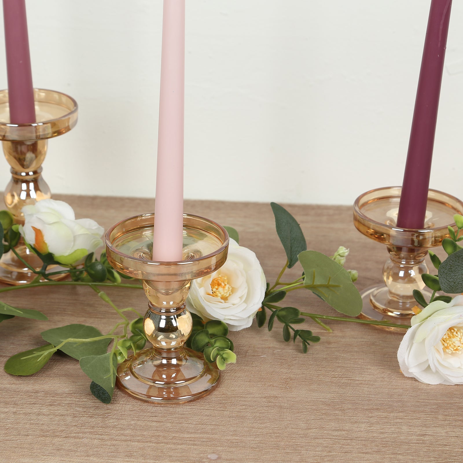 Set of 3 Glass Pillar Candle Holders Amber Gold with Round Tray - Crystal Ball Stem Taper Candlestick Tea Light Stands 3.5, 4.5, 5.5