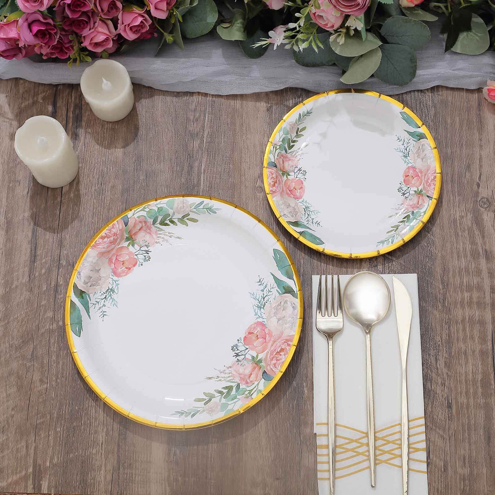 25-Pack Paper 9 Round Dinner Plates White with Peony Floral Design & Gold Rim - Disposable Floral Party Plates for Brunches & Afternoon Teas